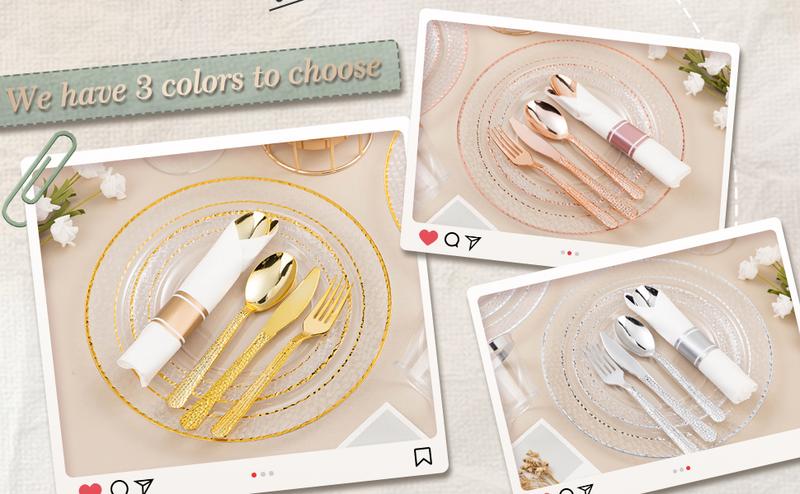Clear Plastic Plates with Gold Trim 350PCS Disposable Dinnerware Set for 50 Guests Includes 100 Plates 50 Pre Rolled Napkins Gold Silverware & 50 Cups Perfect for Party Wedding