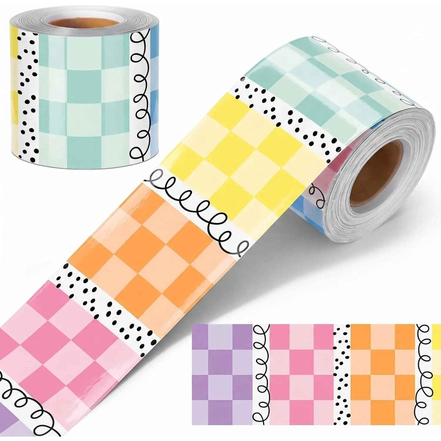 65 Feet Pastel Checkered Bulletin Board Borders for Classroom | Rainbow Straight Trim, Paper, Colorful Checkerboard Decor, Cute Gingham Style, Back to School Wall Chalkboard Supplies