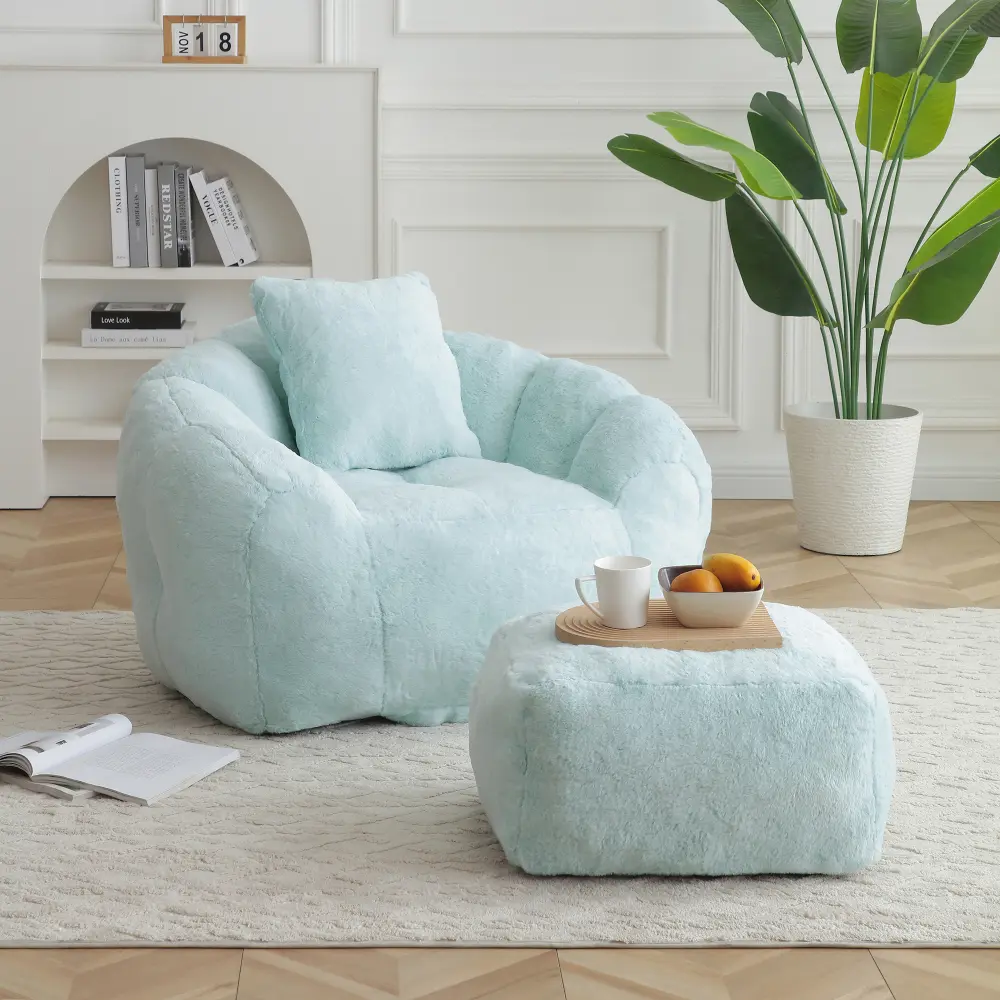 Littleox Giant Bean Bag Chair withFootstool, Oversized Bean Bag  for Adults and Kids, Faux Fur Shell-Shaped Large Chair with Filler, Stuffed Big Accent Sofa,  Floor Sofa for Gaming,Reading Living Room Bedroom