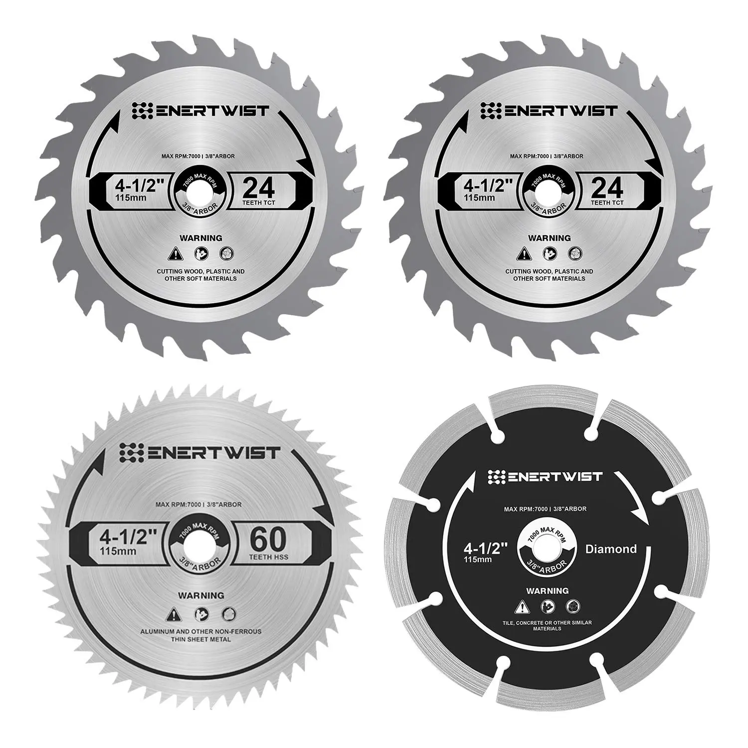 4-1/2 Inch Compact Saw Blade Set, Pack of 4-Pieces TCT/HSS/Saw Blades for Wood///Tile Cutting, 3/8in Arbor, ET-CSA-4