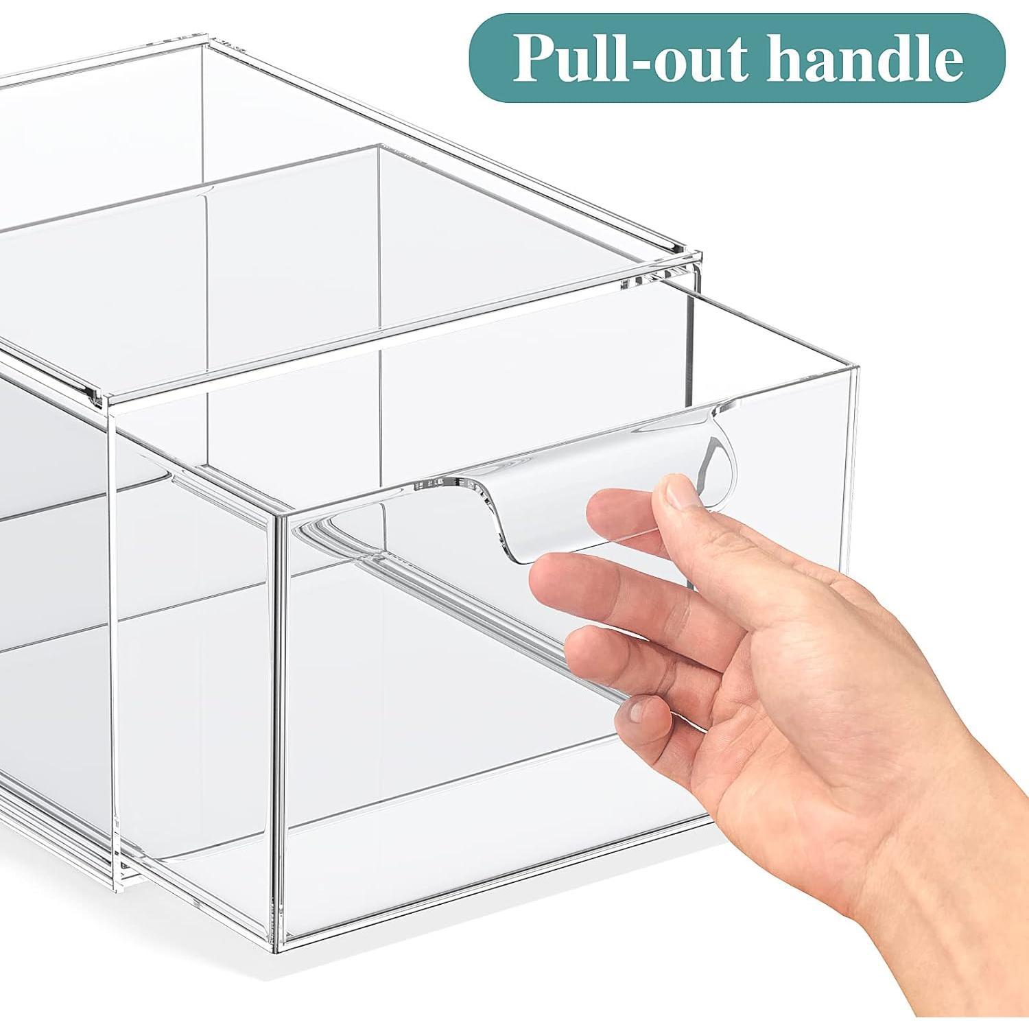 2 Pack Stackable Makeup Organizer and Storage,  Organizers,Clear Plastic Storage Drawer with Handles for Vanity, Undersink, Kitchen Cabinets, Pantry