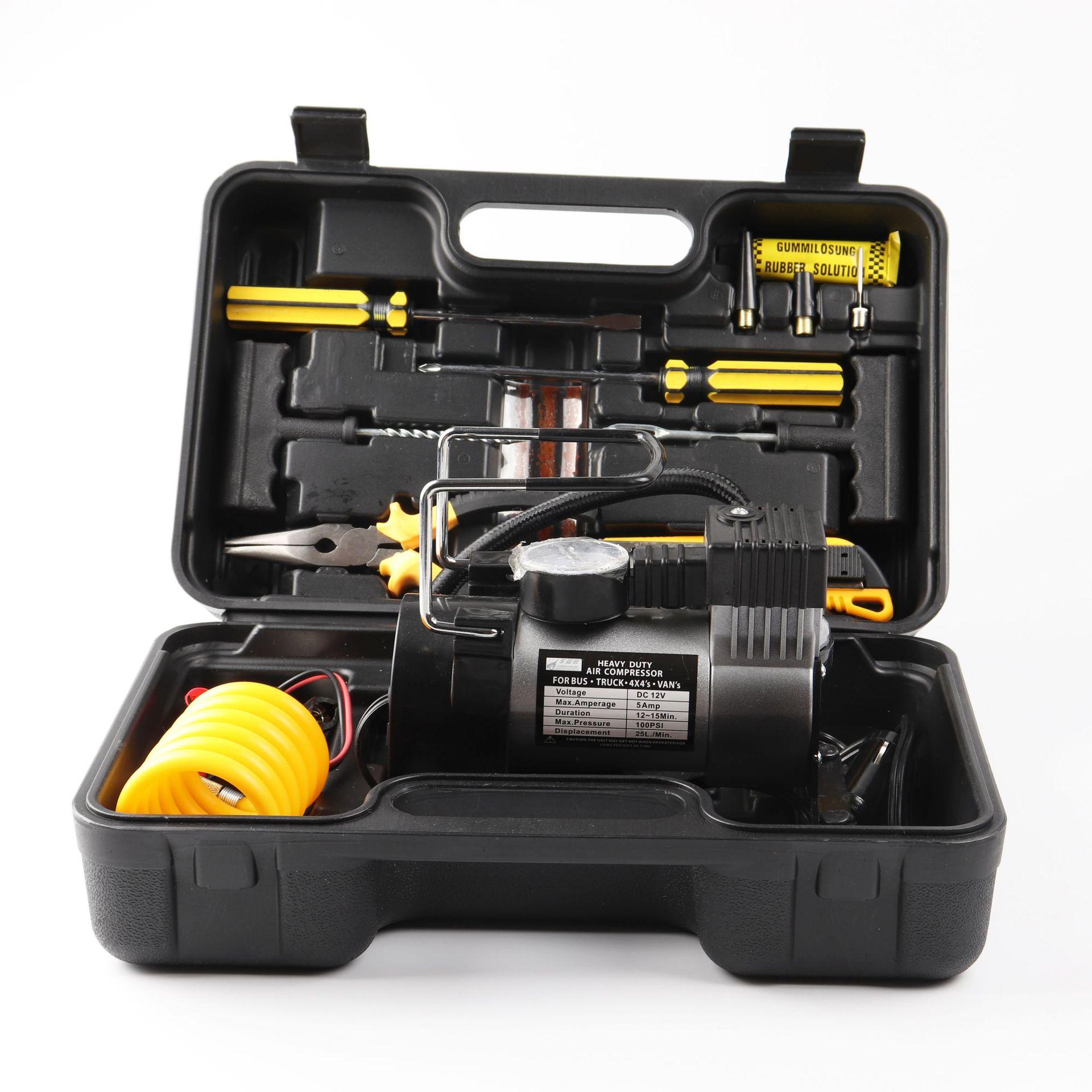 12V Heavy-Duty Metal Dual-Cylinder Car Air Compressor with Tire Repair Tools & Portable Storage Case Complete Kit