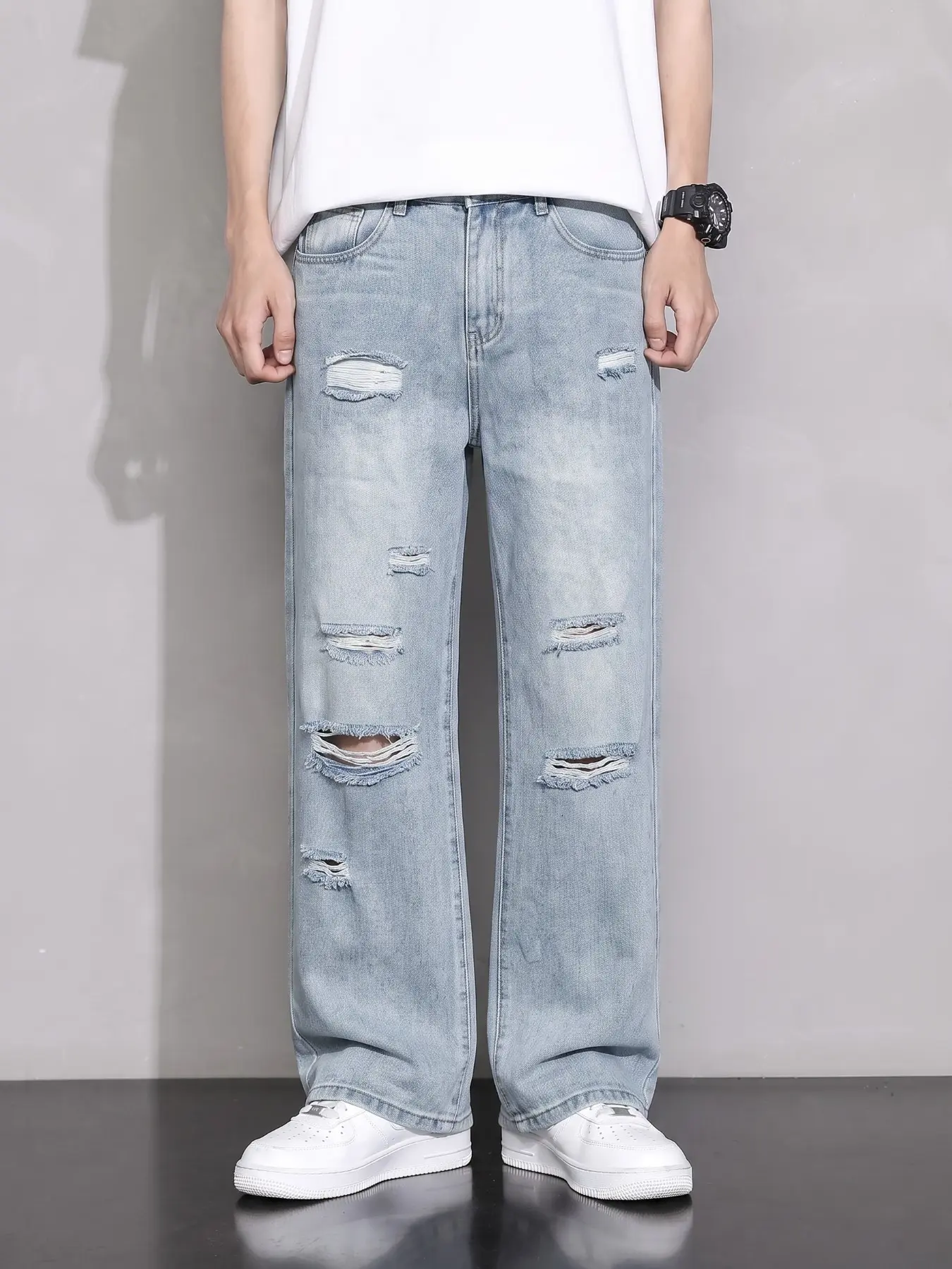 Men's Ripped Loose Fit Wide Leg Jeans, Vintage Washed Soft Denim Fabric, Perfect for Daily Wear, All-Season Comfortable Pants