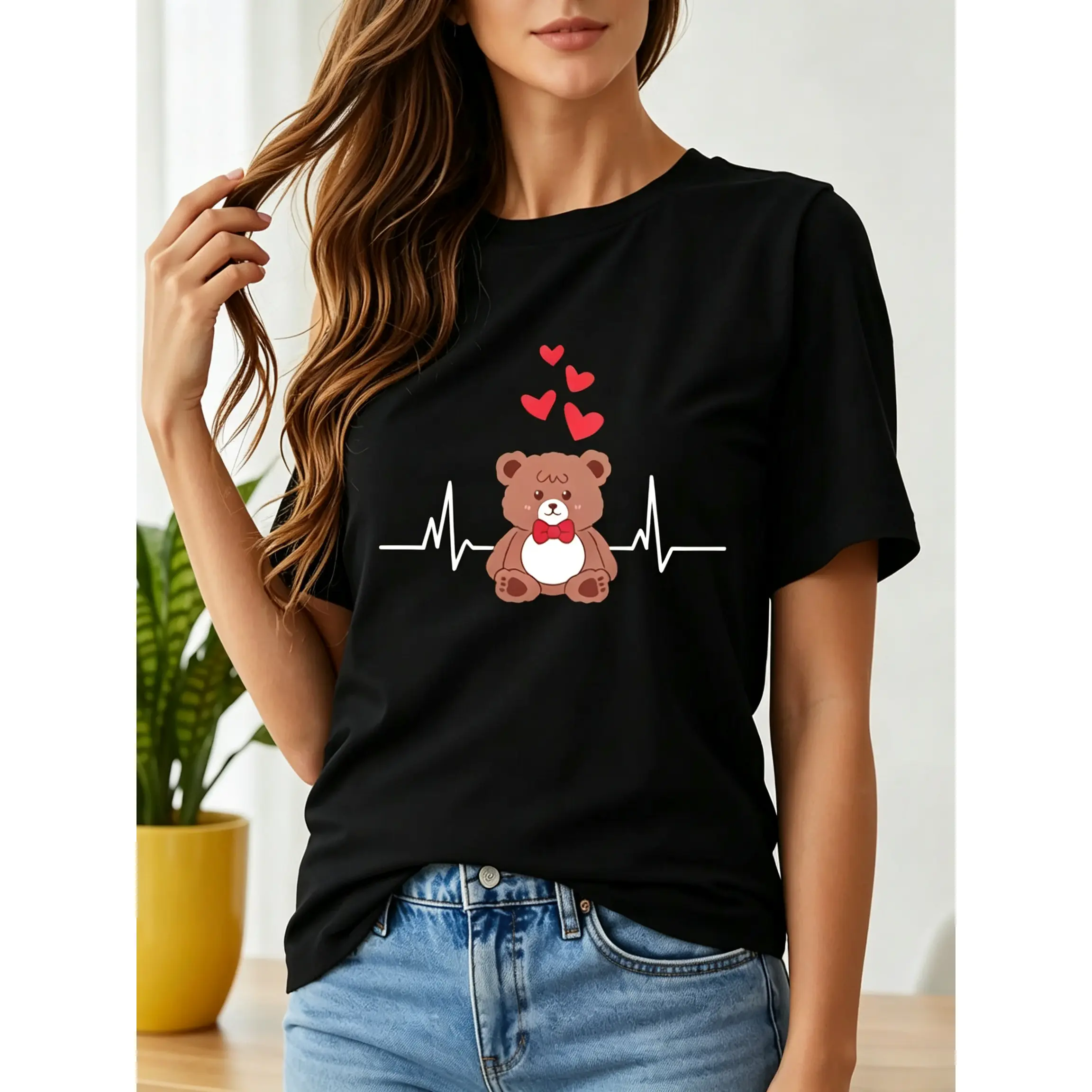 Women Casual Short Sleeve T Shirt with Cute Bear Heartbeat Graphic Print Polyester Valentines Day Streetwear Love Motif Romantic Sports Tops