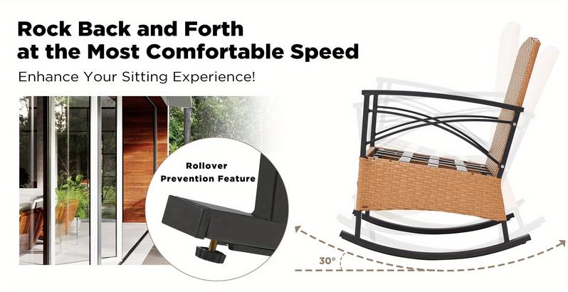 Patio Rattan Rocking Chairs Set of 3, Outdoor Dining Chairs with Cushion and Coffee Table, Patio Rocker Chair Set for Porch and Backyard Beige