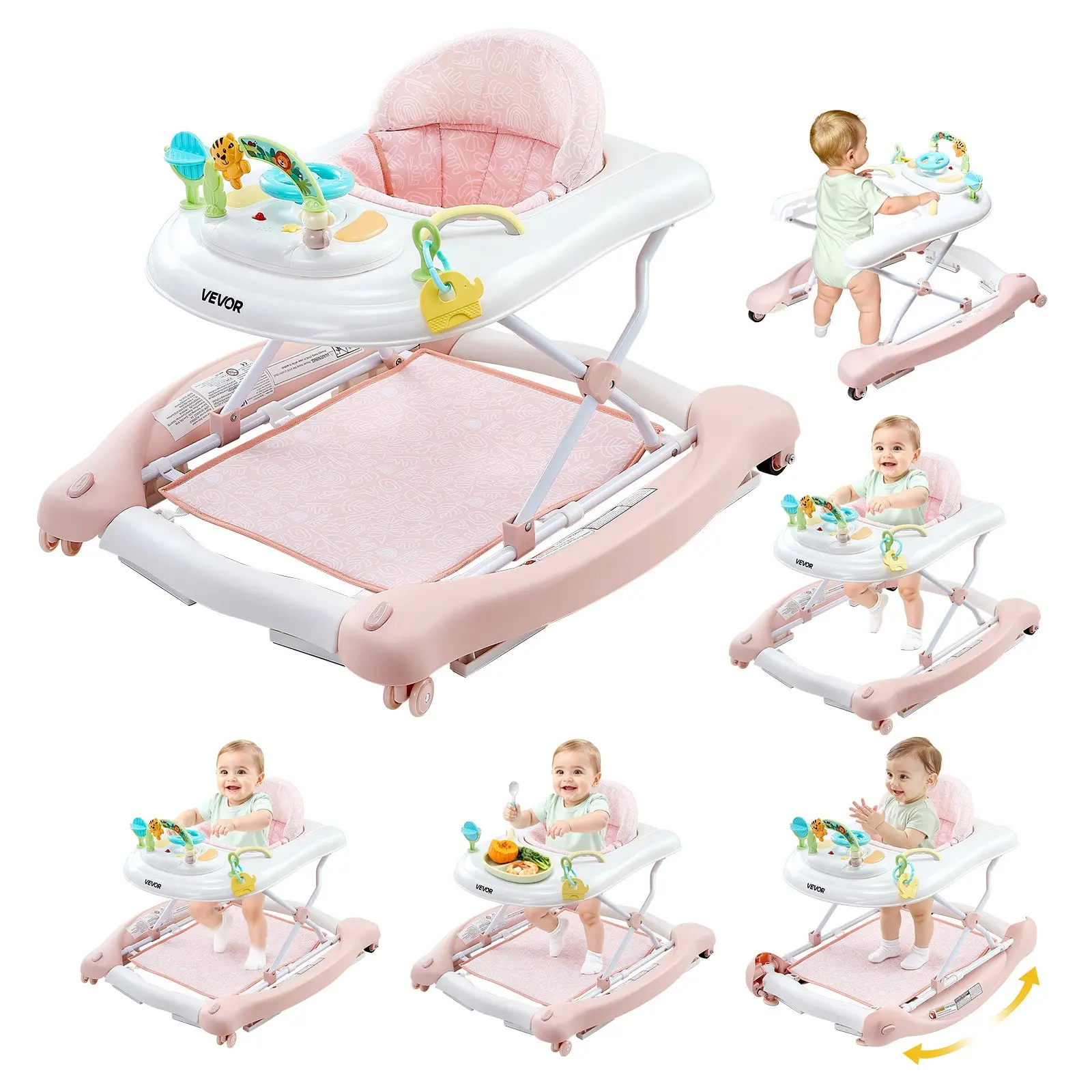 VEVOR 5-in-1 Baby Walker - Foldable PP Plastic Activity Center on Wheels, Height-Adjustable Rocker Bouncer with High-Back Seat, Anti-Rolling Toddler Helper, Prop 65 Safe for 6-24 Month Infants, Height Adjust