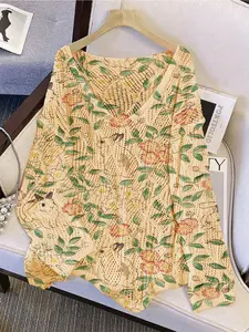 Women's Cartoon Animal Rabbit Floral Print V Neck Sweater, Casual Long Sleeve Knit Top, Breathable Summer Fall Clothing, Hollow Out Design