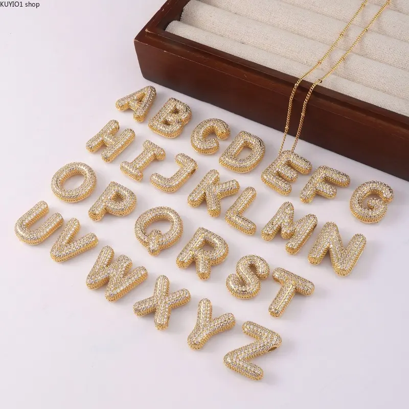 Women’s Copper Inlaid Zircon Balloon Bubble Chubby Letter Pendant Necklace, A-Z 26 Alphabet Initial Charm, Hip Hop Y2K Personalized Fashion Jewelry, Sparkly Stackable Accessory for Daily Outfits, Party Styling & Sentimental Holiday Gifting