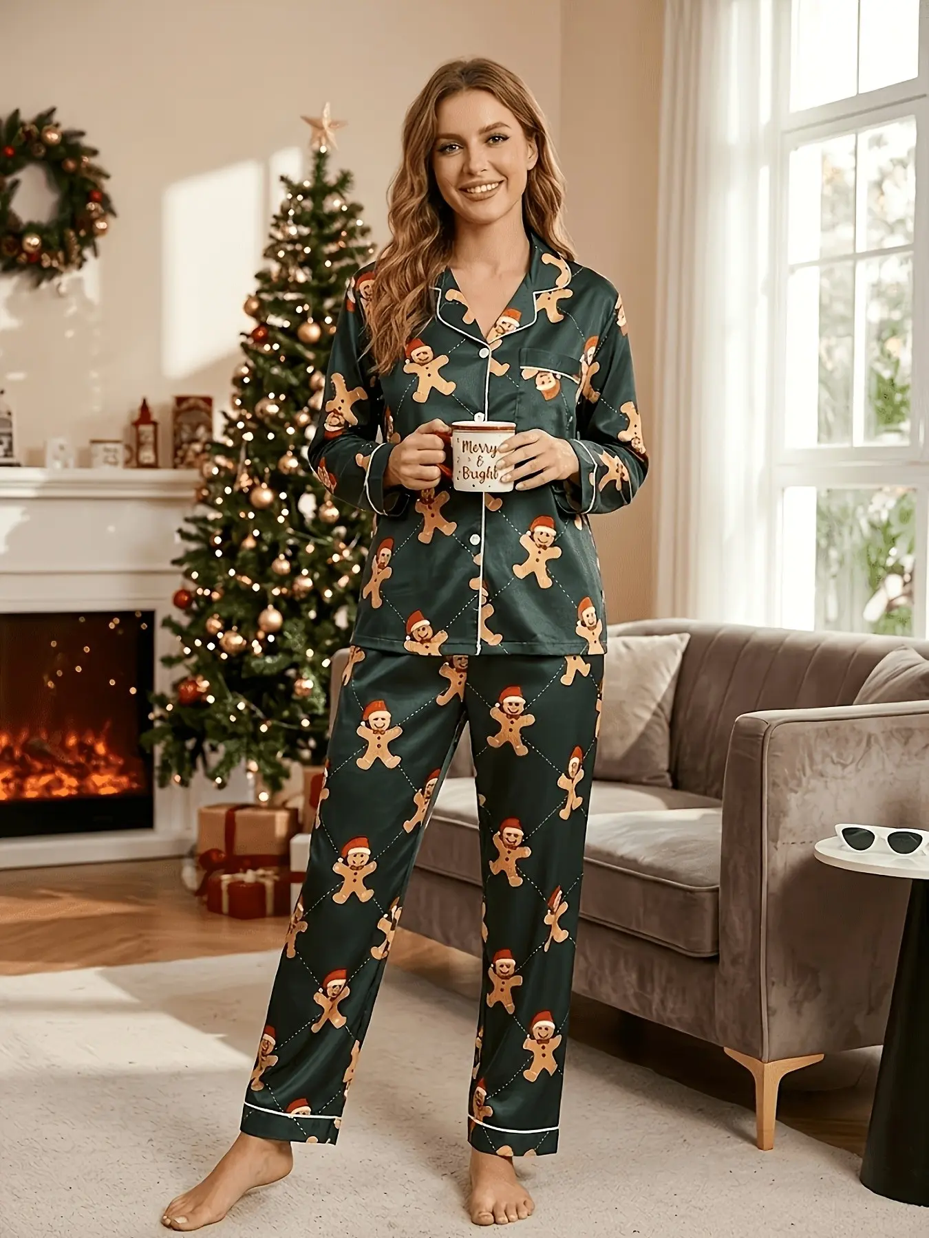 Women's Christmas Print Pajamas Set, Gingerbread Man Design, Long Sleeve & Pants, Cozy Home Wear, Perfect Gift for Holidays