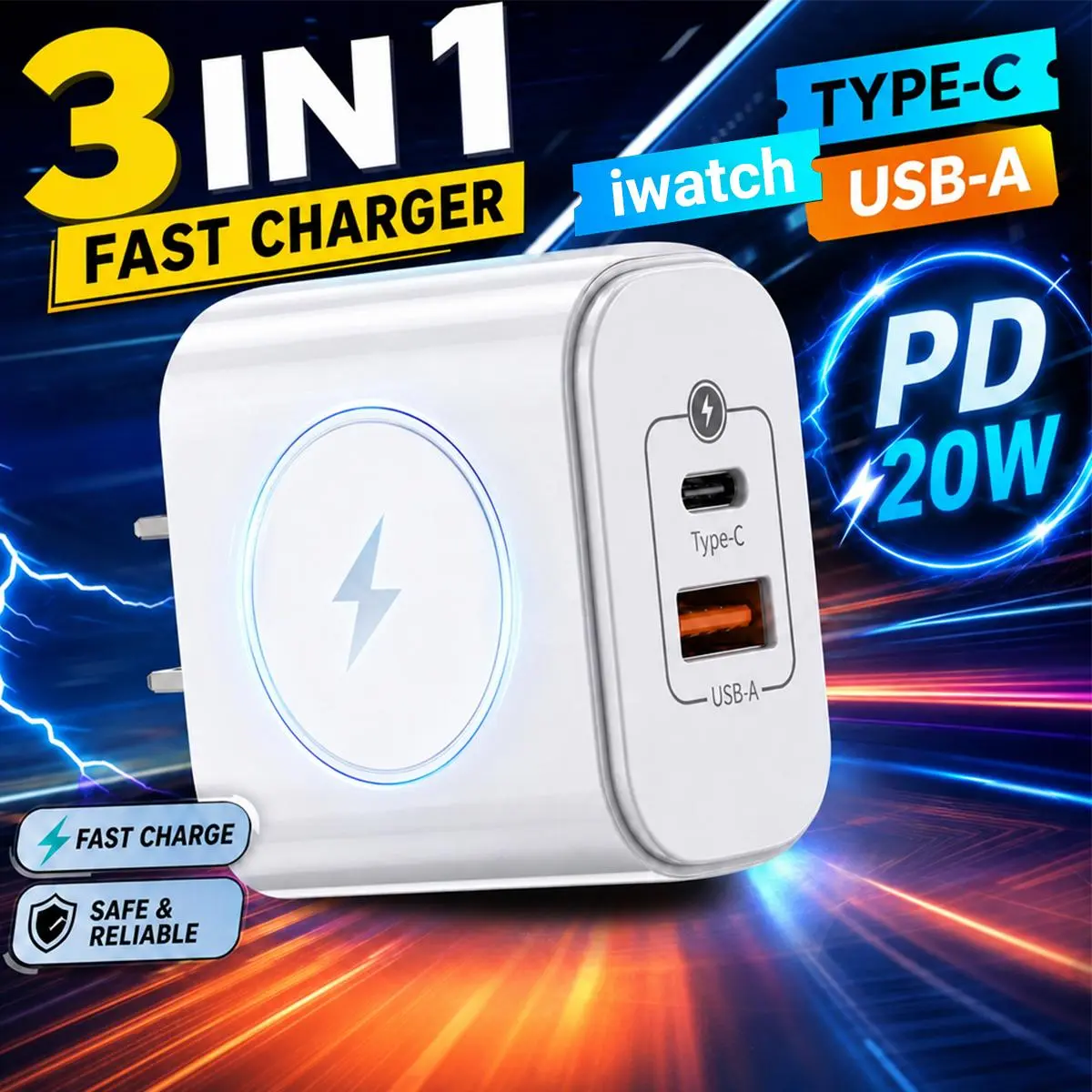 3-in-1 Magnetic Wireless Charging Station, 20W Fast Charge, Built-in Apple Watch Charger, 18W QC USB-A + 20W PD Type-C, Smart Protection, Compact Travel Dock for iPhone Samsung Android Watch