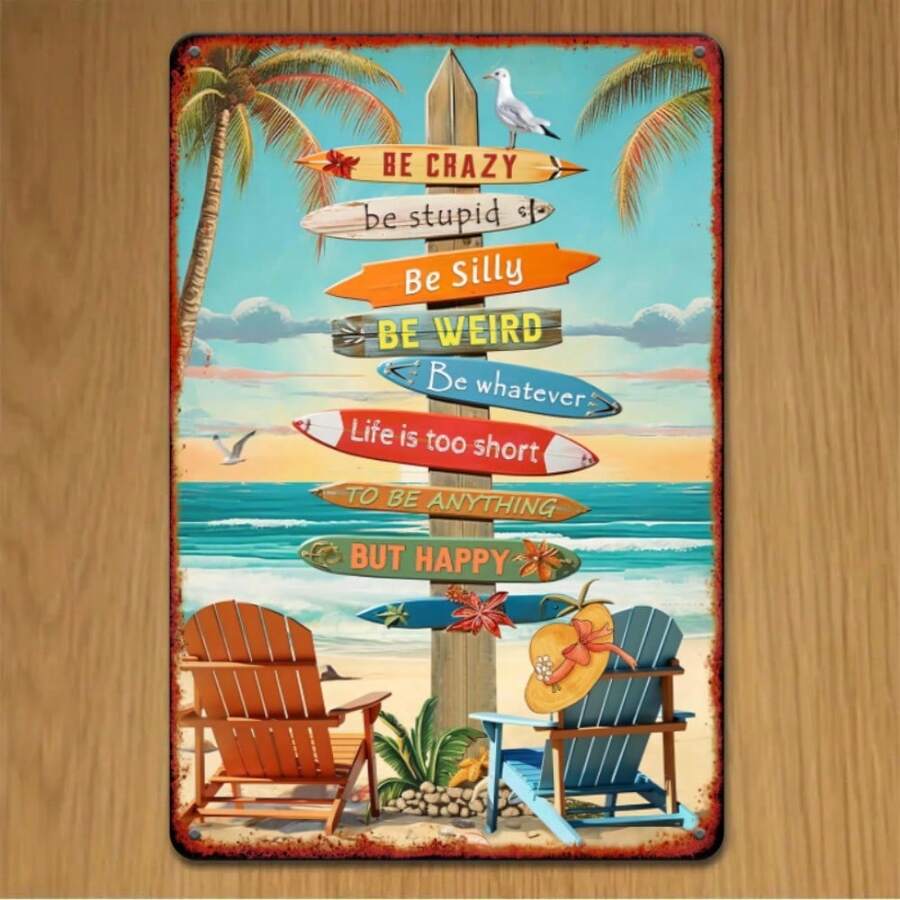 Retro Beach Surfboard Metal Tin Sign - Vintage 8x12 Inch Wall Art with Inspirational Quotes, Perfect for Cafe, Bar, or Beach House Decor