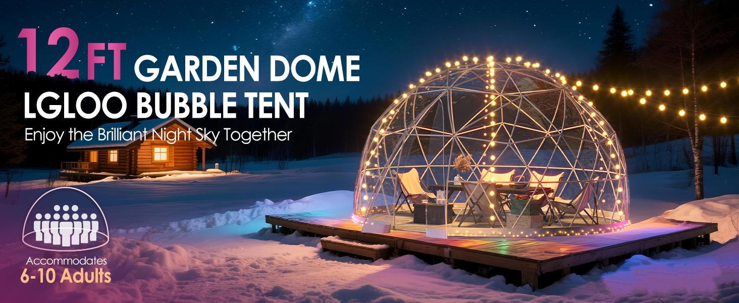 Upgraded 12FT Garden Dome igloo with LED Lights – Camping Shelters with Reinforced PC Cover, 1.5mm Poles & 0.3mm Fabric |   Outdoor globe tent for 6–10 People, Waterproof Windproof for Backyard or Patio