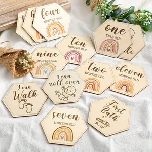 13 Bohemian Rainbow Wooden Milestone Set - Double sided Month Disk, Colorful Rainbow and Heart shaped Design, Suitable for Birth Announcement and Photography Props, Gift Preparation, Rainbow Accessories