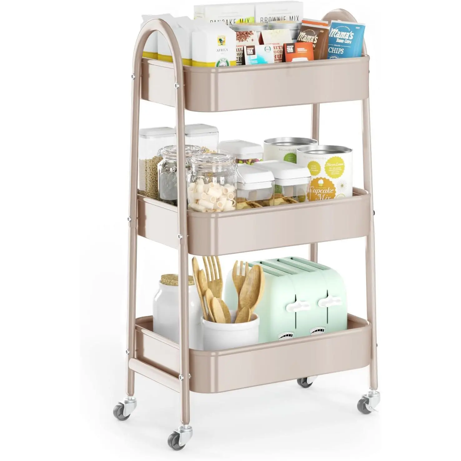 3 Tier Utility Rolling Cart, Metal Storage Cart with Handle and Lockable Wheels, Multifunctional Storage Organizer Trolley with Mesh Baskets for Kitchen, Living Room, Office, Garage (Beige)