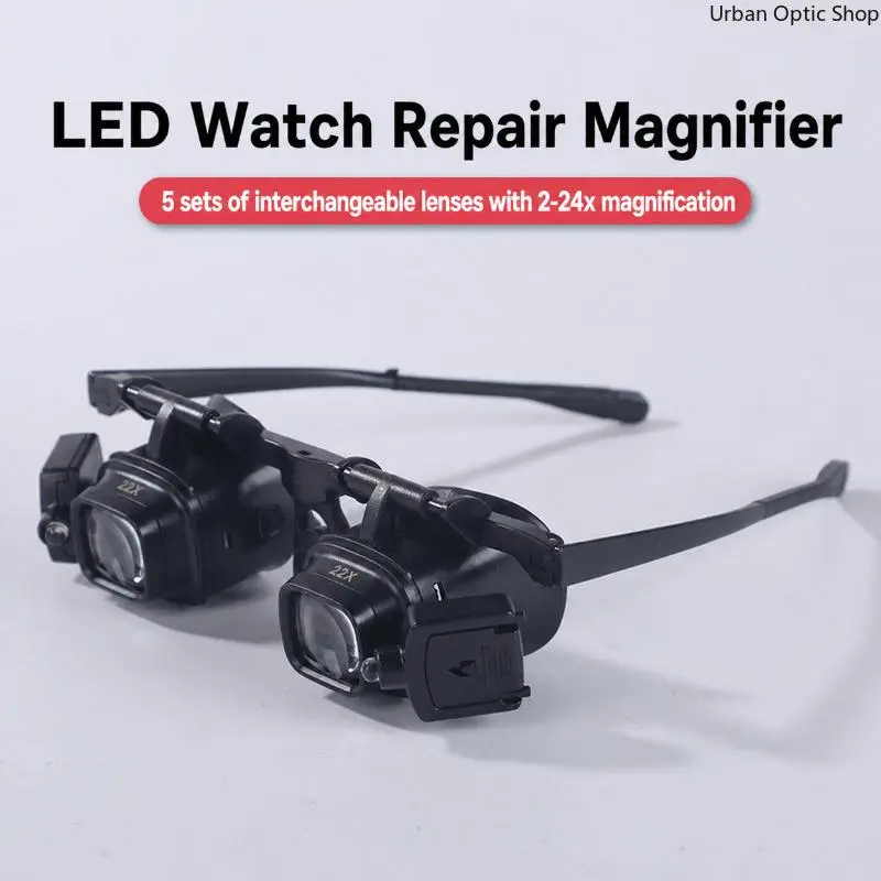 Abs Acrylic LED Light Folding Watch Repair Magnifier Glasses - 5 Interchangeable Lenses, 24X Magnification, 2925s2 Model, 4 CR1620 Batteries, Hands-Free Portable Tool for Watch & Smartphone Repair