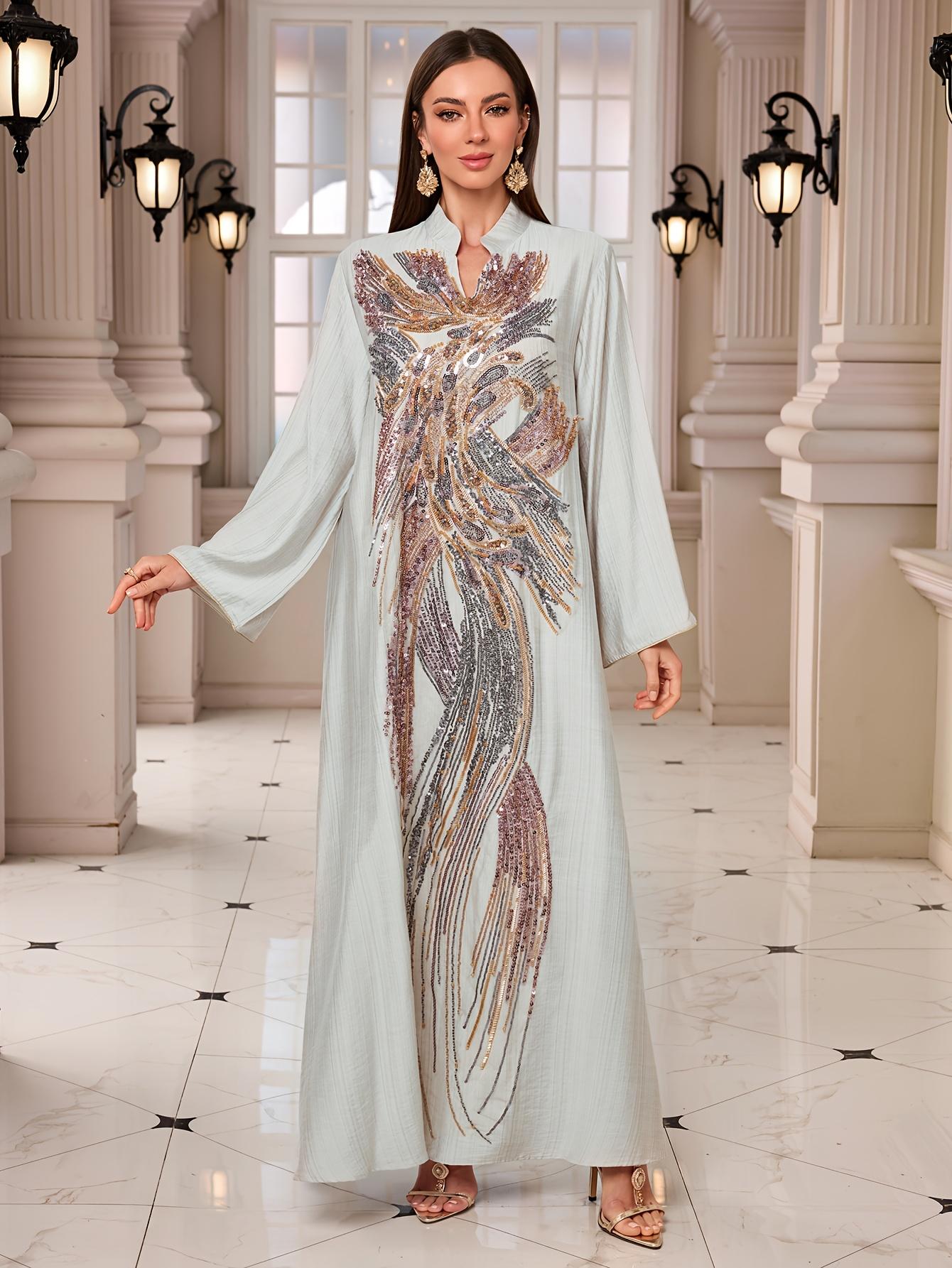 Ramadan Middle East Muslim New Style Robe with Beaded Sequin Embellishments from Chest to Hem, Heavy Print Dress for Daily Gatherings and Festivals