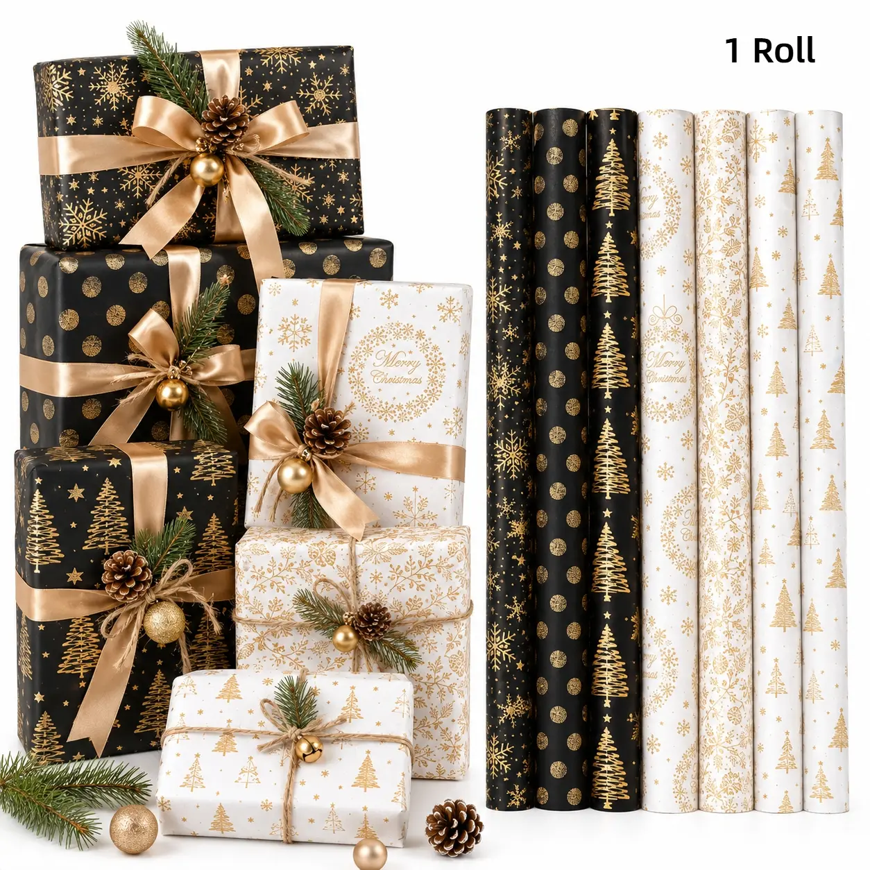 9.8FT Black Gold Luxury Christmas Foil Gift Wrapping Paper Roll, for Christmas Gift Wrapping, Winter Gift Packaging Supplies, Handmade Gift Wrapping, Christmas Box Packaging, Party Decorations and DIY Crafts, Gift for Her/Him