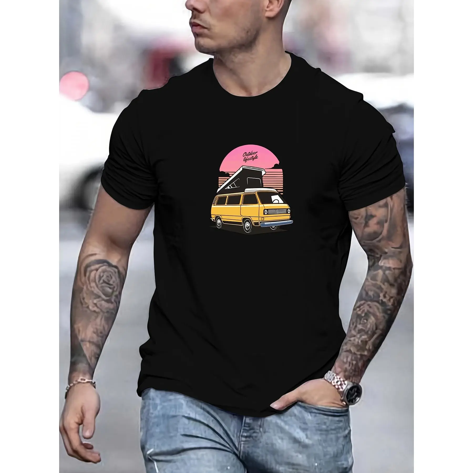 Men's Classic 100% Cotton Short-Sleeve T-Shirt - Car Design, Round Neck, Unisex Fit, Practical Tops, Casual Streetwear, Holiday Garment, Comfortable Cloth