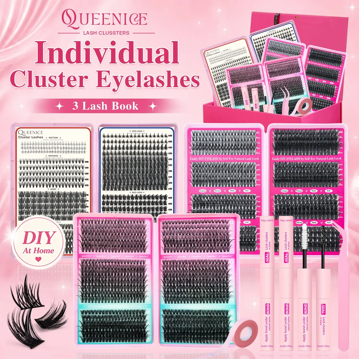 DIY Lash Extension Kit with 3 Lash Books, Bond & Seal, Tweezers, Lash Tape, 13 Styles Natural Volume Cluster Lashes, Soft Lightweight False Eyelashes