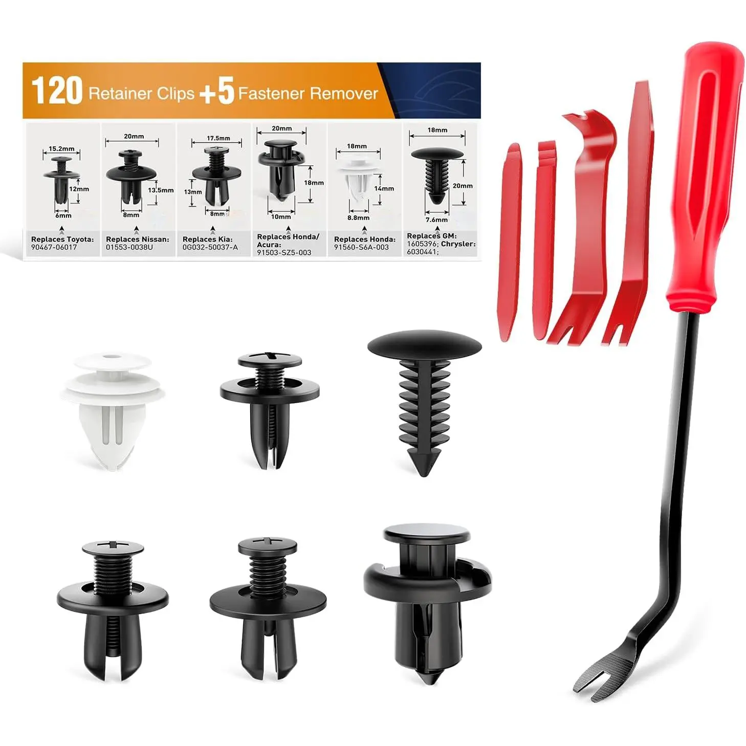 120PCS Car Bumper Push Retainer Clips & Nylon Fasteners Rivet Kit 6mm 7.6mm 8mm 8.8mm 10mm Door Trim Panel Clips, 5PC Fastener Remover