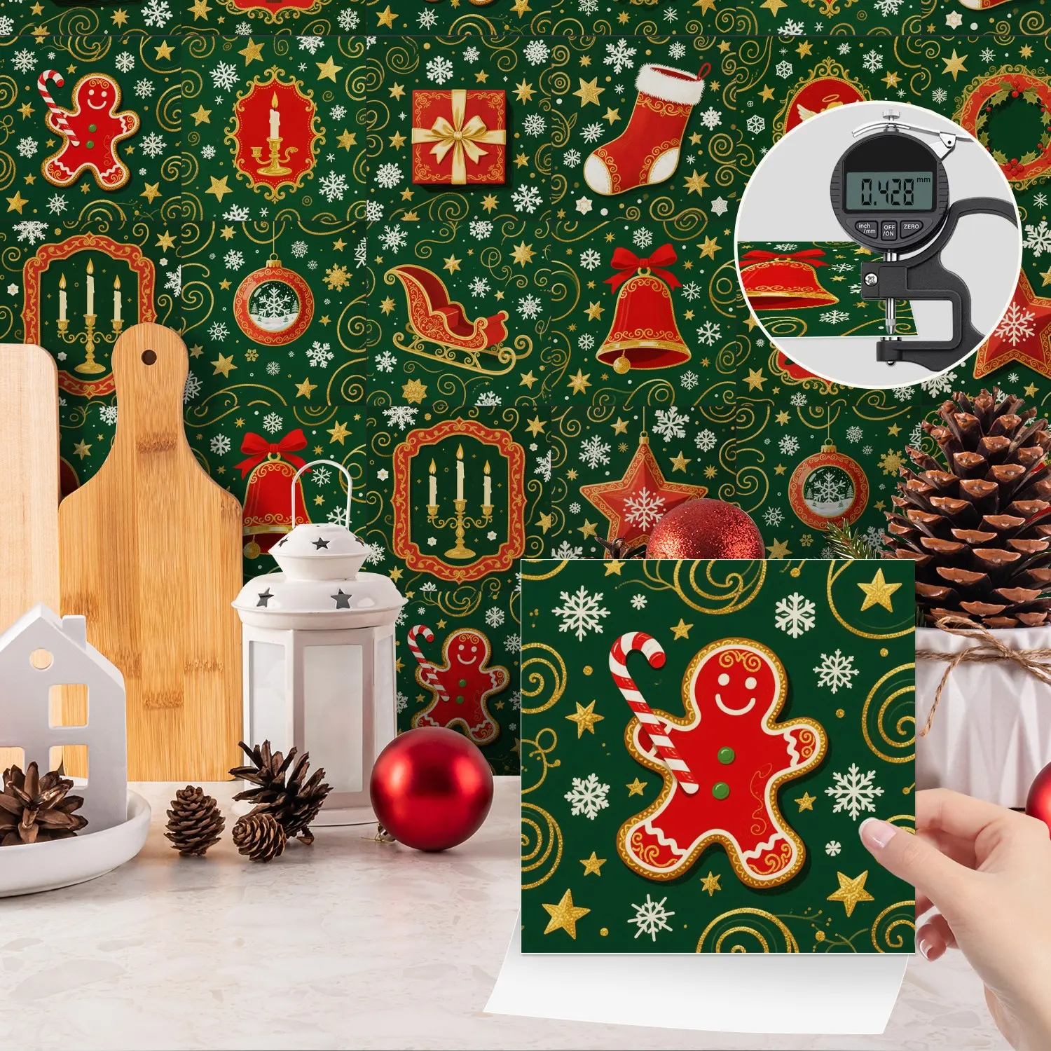 24PCS NHZ Vintage Gold & Green Gingerbread Man Tile Stickers, PVC Crystal Film, Glossy Self-Adhesive Removable No Residue, Easy Clean for Kitchen Bathroom Home Decor