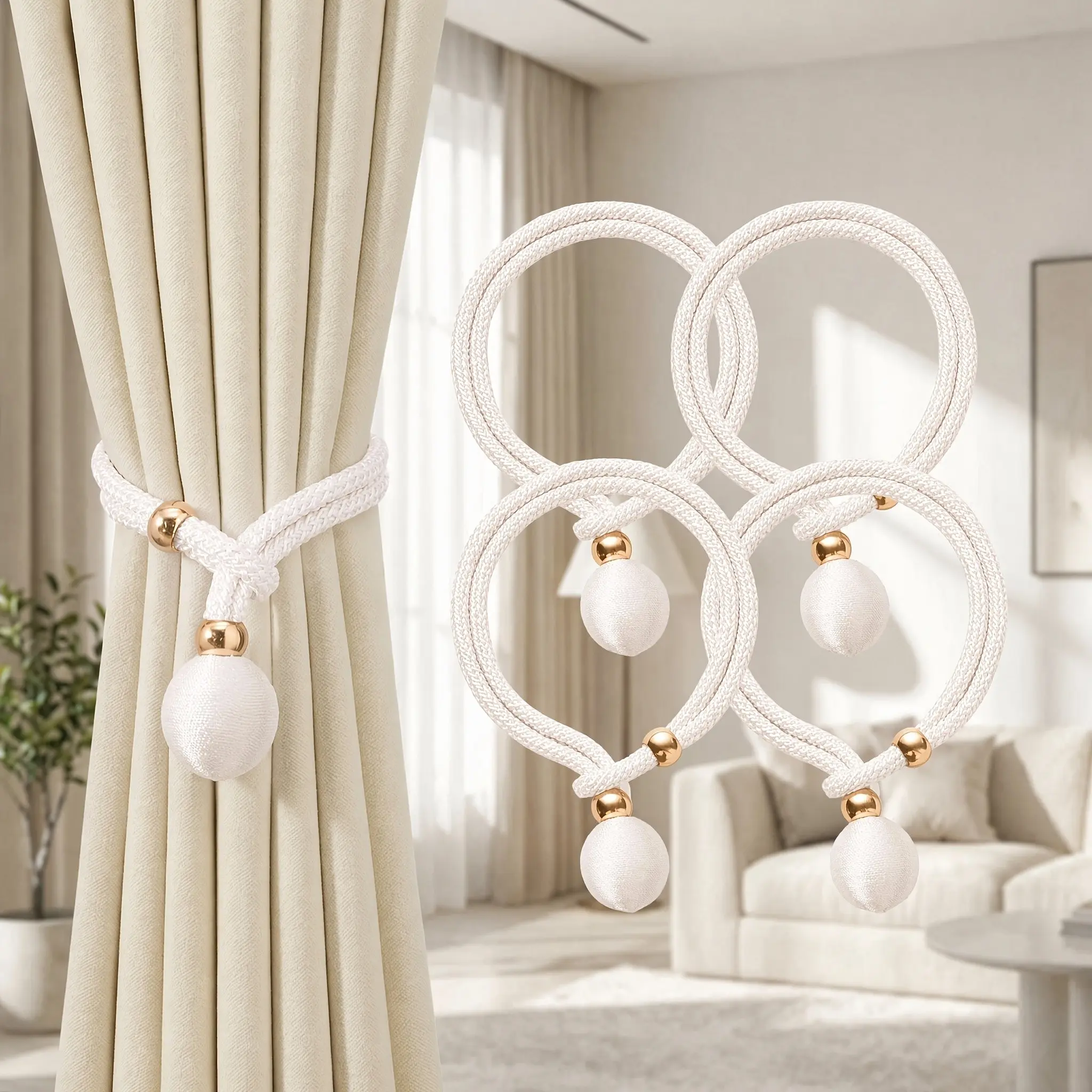 4-Pack Adjustable Curtain Tiebacks, Easy Install No Drilling, Decorative Curtain Holders for Bedroom, Living Room, Office