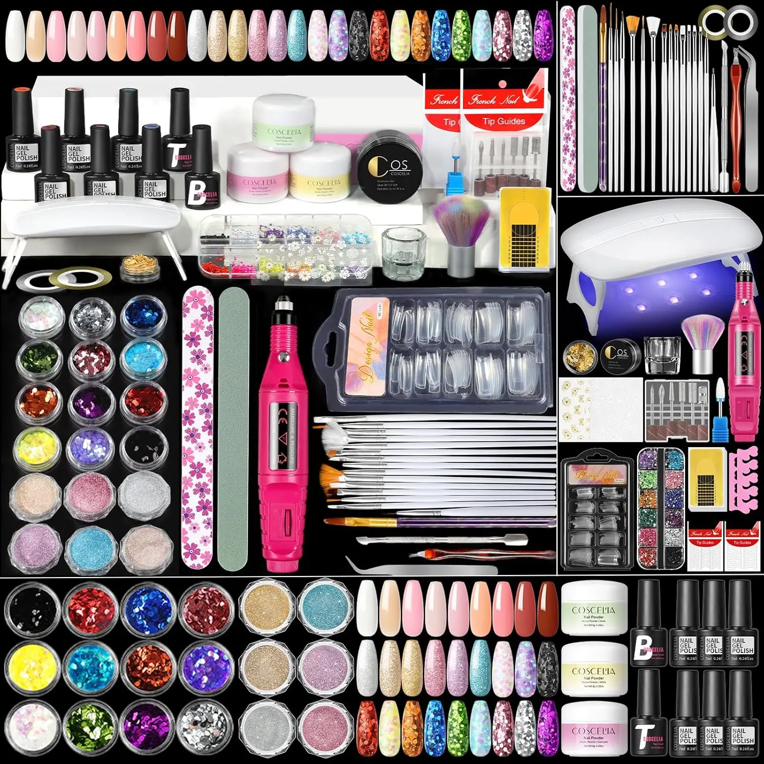 Acrylic Nail Kit   with Everything Professional Acrylics Powder 6pcs Gel Nail Polish 18pcs Glitter Decoration Powder Nails Kit Acrylic Set with Drill Light Gifts  Women New model