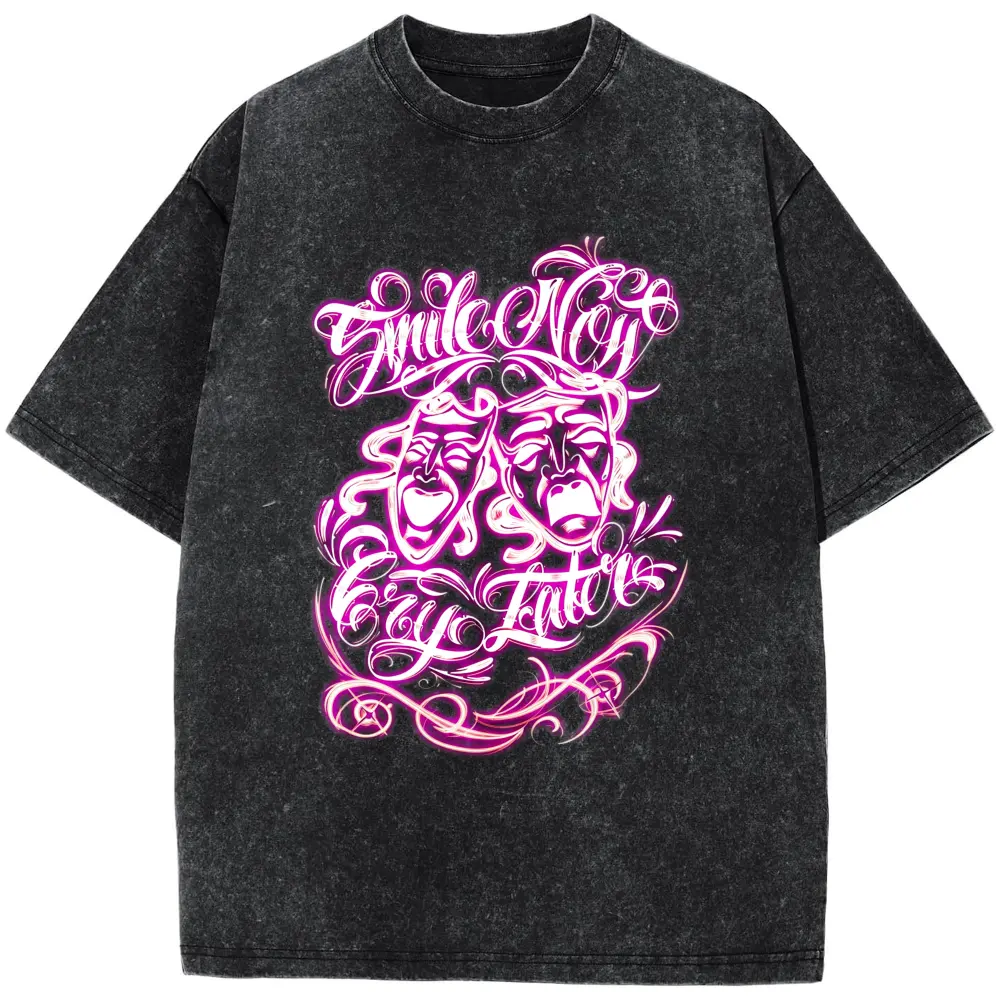 Smile Now Cry Later Airbrushed Pink Chicano Tattoo, Chicano Art,Gangxter Clothes Cholo, Lowrider, Chicana,  Graphic Tee,Hoodie Chicano Sweatshirt Front and backmen gifts,graphic teesPlus Size T-Shirt, Retro Fitness Heavyweight Washed T-Shirt, 100% Cotton