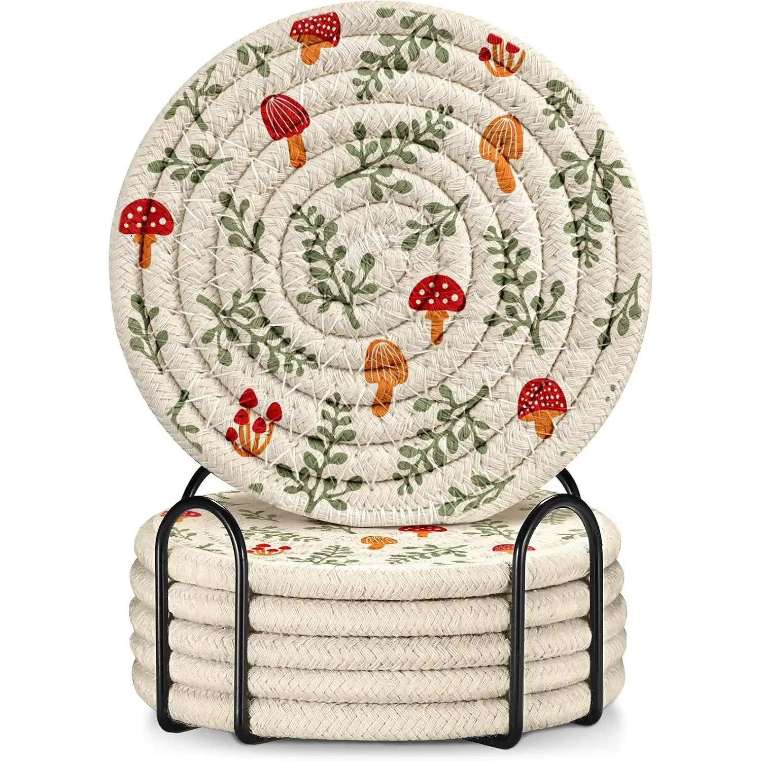 Cup Coasters for Drinks Absorbent - for Coffee Wooden Table Office Cute Farmhouse Outdoor Rustic Desk Kawaii Woven Women Kids Soft Cloth Braided Fabric Mushroom Coaster Set of 6 with Holder