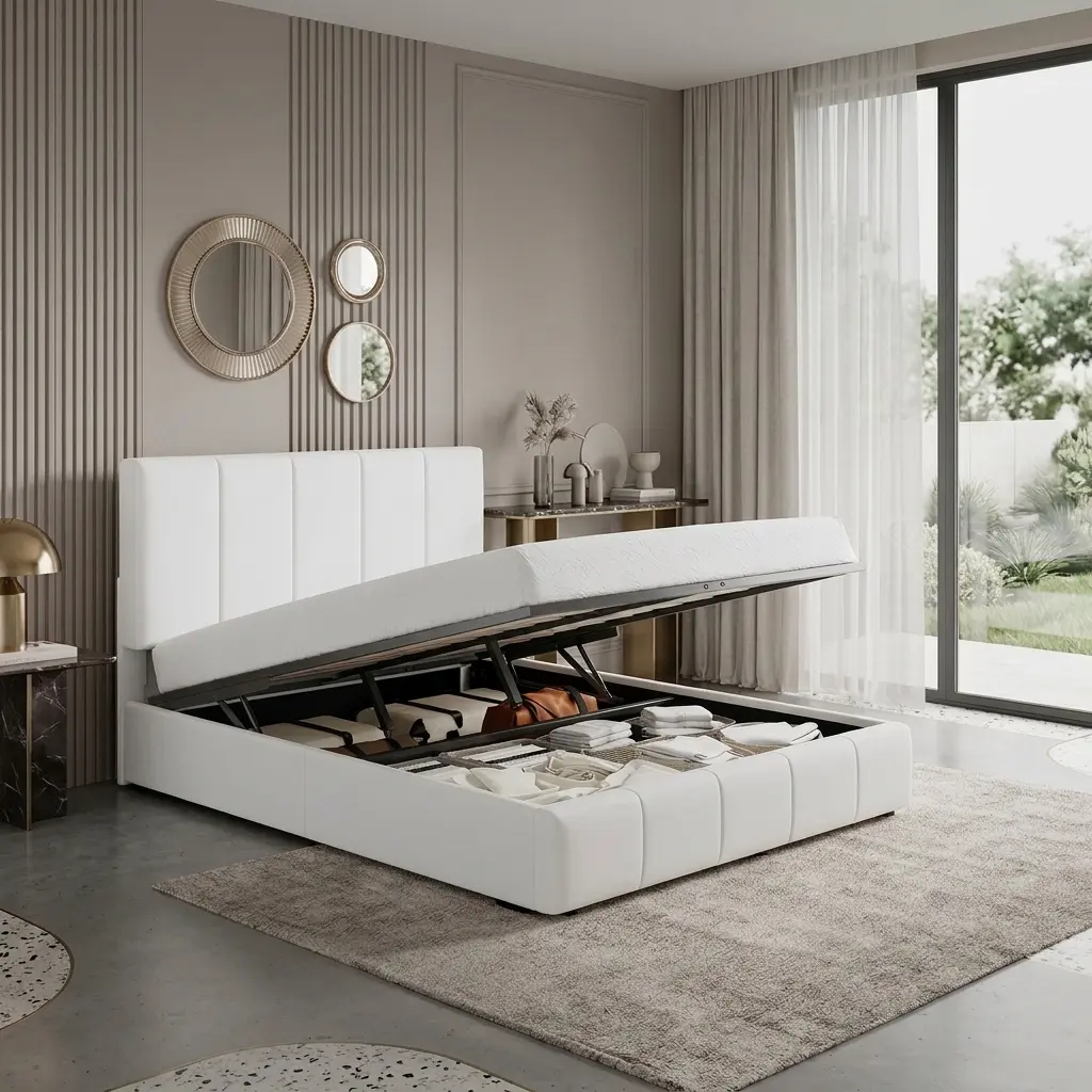 Upholstered Storage Bed Frame【Frame Only No Mattress】with Hydraulic Lift Base,Wide Vertical Stripe Dutch Velvet,Full/Queen/King,Black/White/Grey