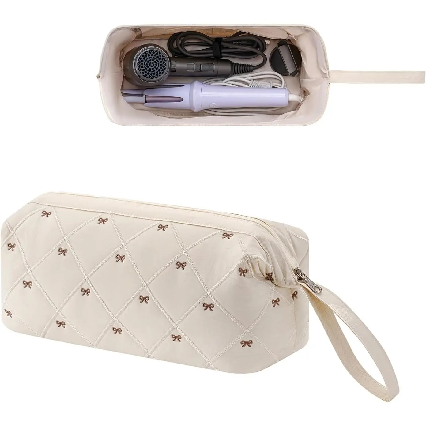 Large Quilted Hair Tools Travel Bag with Bow Pattern,Waterproof Hair Styling Accessories Storage Case for Shark FlexStyle, Dyson Airwrap Hair Dryer, Curling Iron, Revlon Hair Tools(Beige)