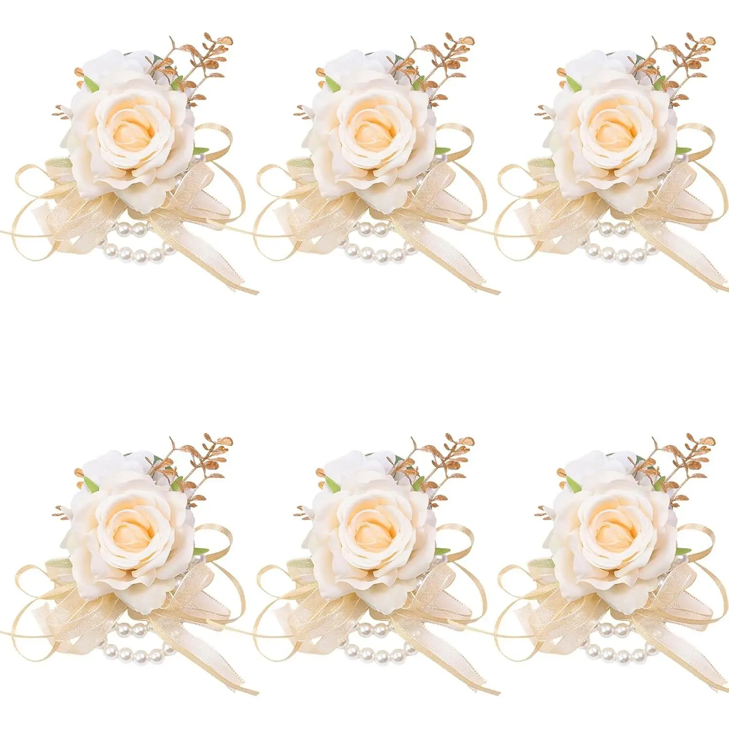 Set of 6 Wrist Corsages, Elegant Champagne Artificial Roses with Faux Pearl Bands for Bridesmaids, Mother of the Bride, Wedding & Prom