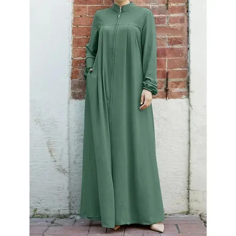 [Elegant Polyester Abaya] 100% Polyester Elegant Full-Length Abaya - Stand Collar, Zipper Front Traditional Middle Eastern Robe for Women - Spring/Fall Collection