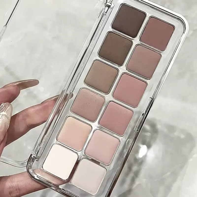 12-Color Eyeshadow Palette, Matte, Shimmer, High Gloss Effects, Low Saturation Cool Tones, Earthy Undertones, Perfect for Makeup Enthusiasts