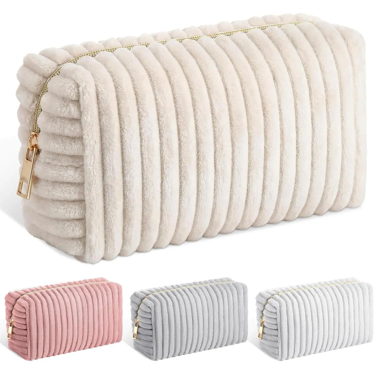 Flannel Makeup Bag Fuzzy  Bag  Makeup Bags Plush Small Zipper Pouch Travel Toiletry Bags for Birthday Gifts(Beige)