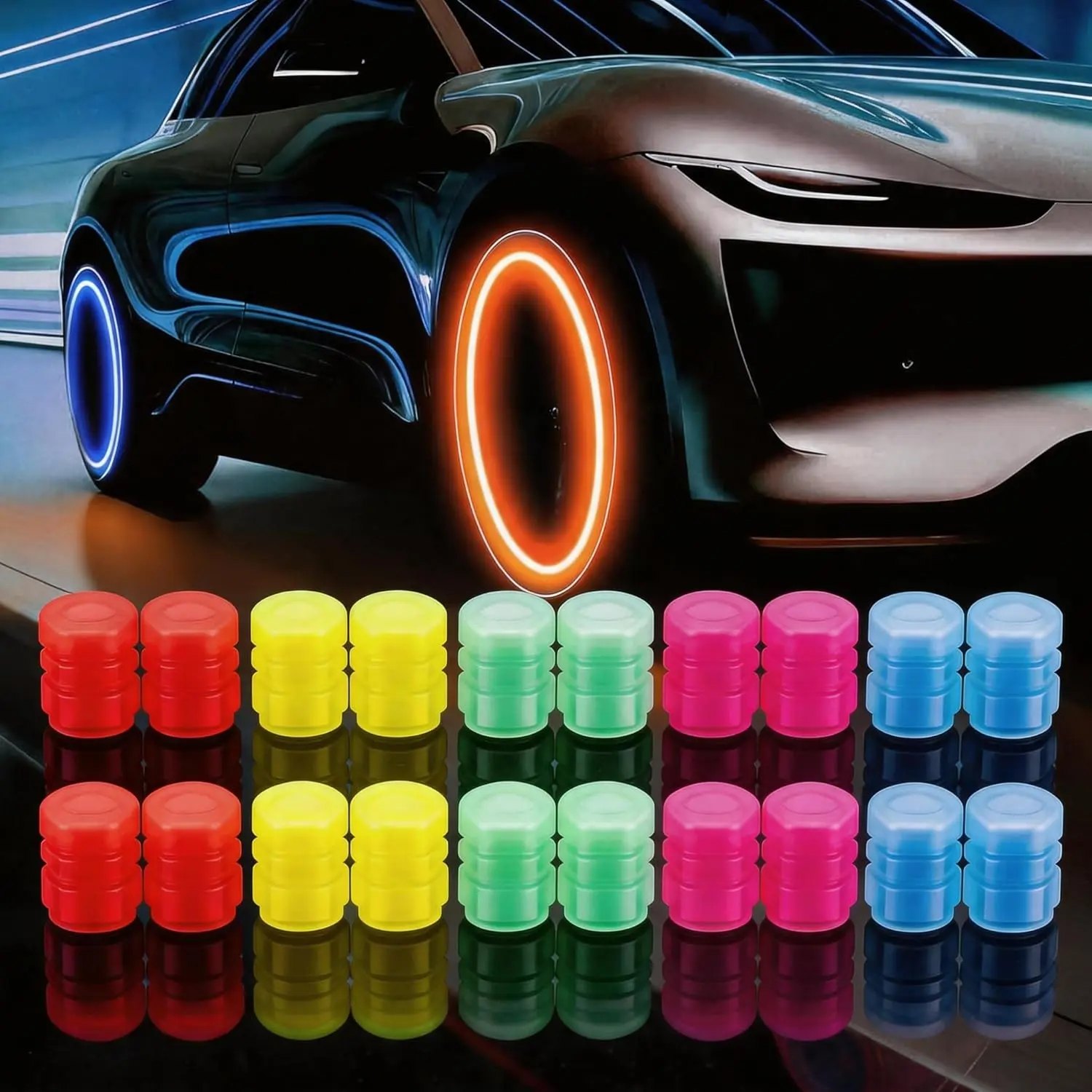 20 Pcs Glow in The Dark Tire Valve Caps Fluorescent Tire Valve Stem Caps, Cool Car Present for Universal Decoration Accessories for Car SUV Bicycle Motorcycles Trucks