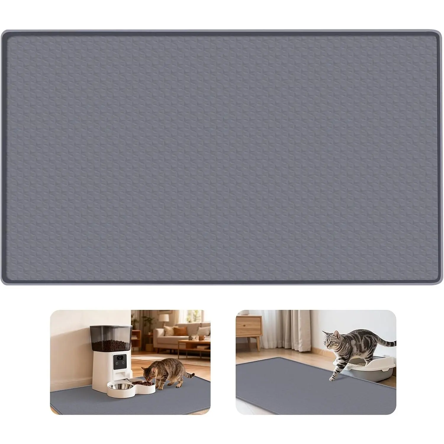 Silicone Cat Food Mat - 51in x 25.6in Extra Large Non-Slip Placemat with Raised Edge, Easy Cleaning for Food Water Bowl Floor Protection, Dark Grey