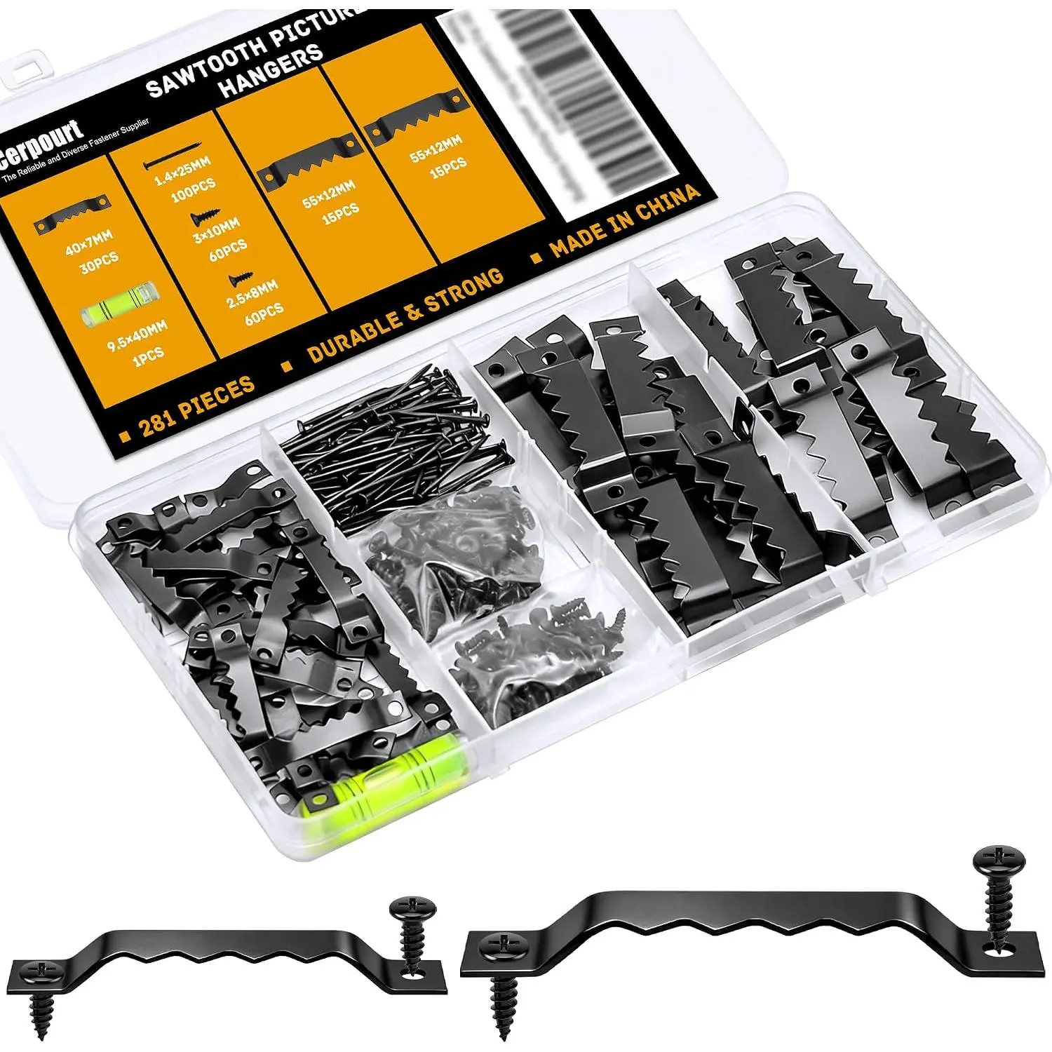 281 count Sawtooth Picture Hangers,Small & Heavy-Duty Wall  Kit,Include 60 Sawtooth Picture Frame Hangers,120 Screws and 100 Nails,Level,2 Sizes for Photo Frame Hooks,Art,Canvas,Picture