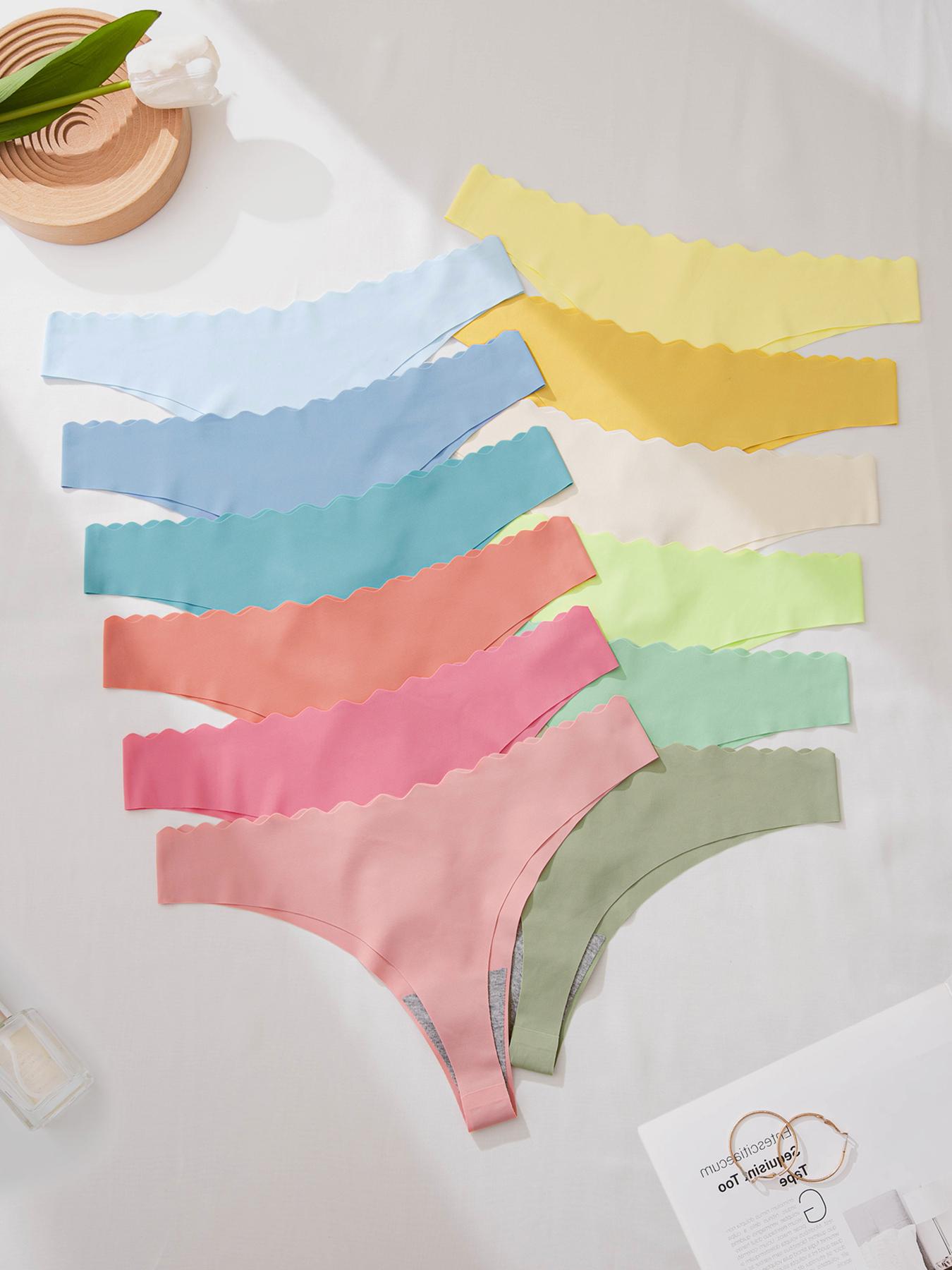 Women's Solid Scallop Trim Thong, Soft Comfy Breathable Seamless Drop Waist Panties for Daily Wear, Ladies Underwear for All Seasons, Panties Collection, Seamless Panties Set