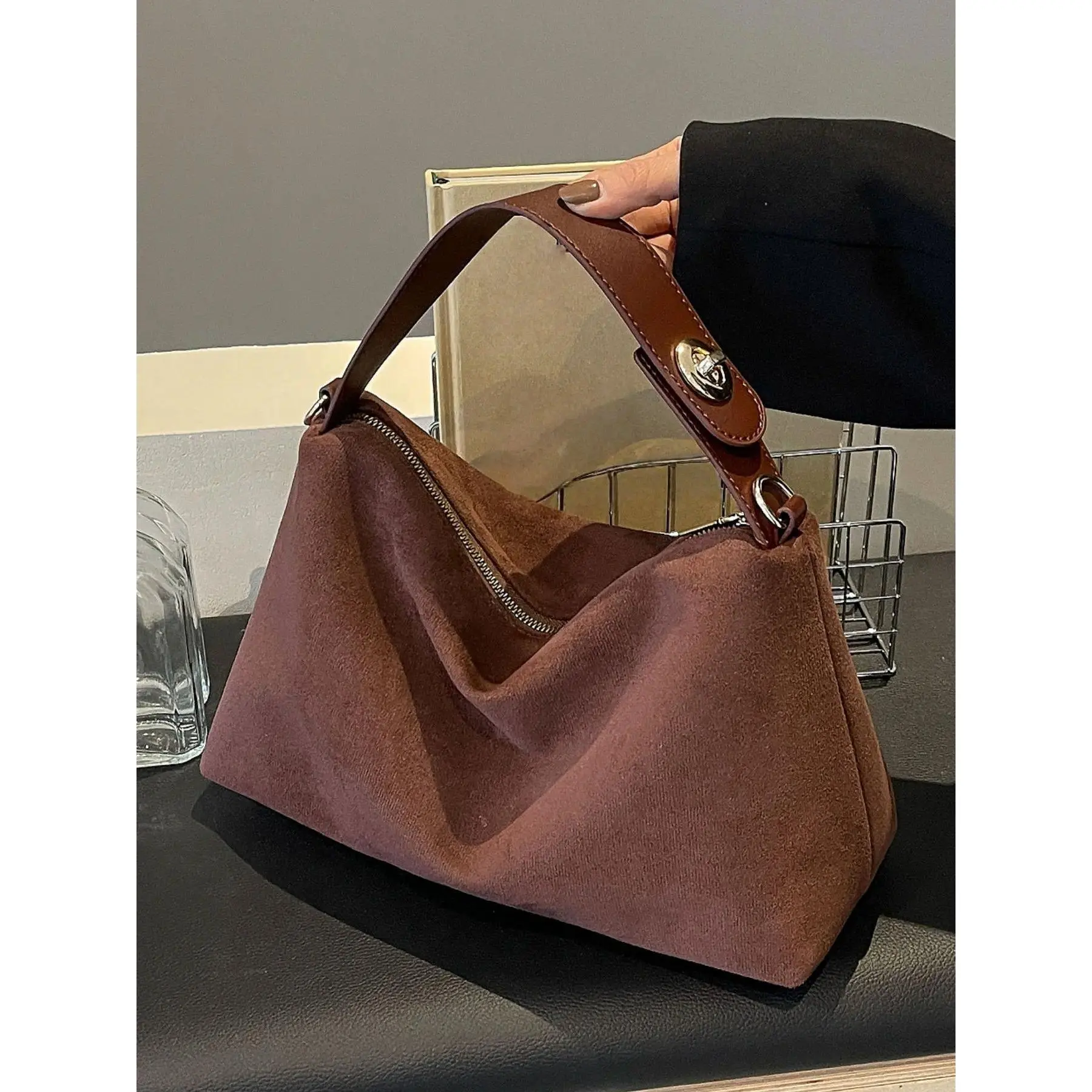 Vintage Frosted Suede Shoulder Bag for Women, Trendy Underarm Crossbody Purse with Minimalist Hobo Style Design, Large Capacity Handbag with Adjustable Strap, Soft Texture Everyday Bag for Work, Shopping, Travel & Casual Outfits