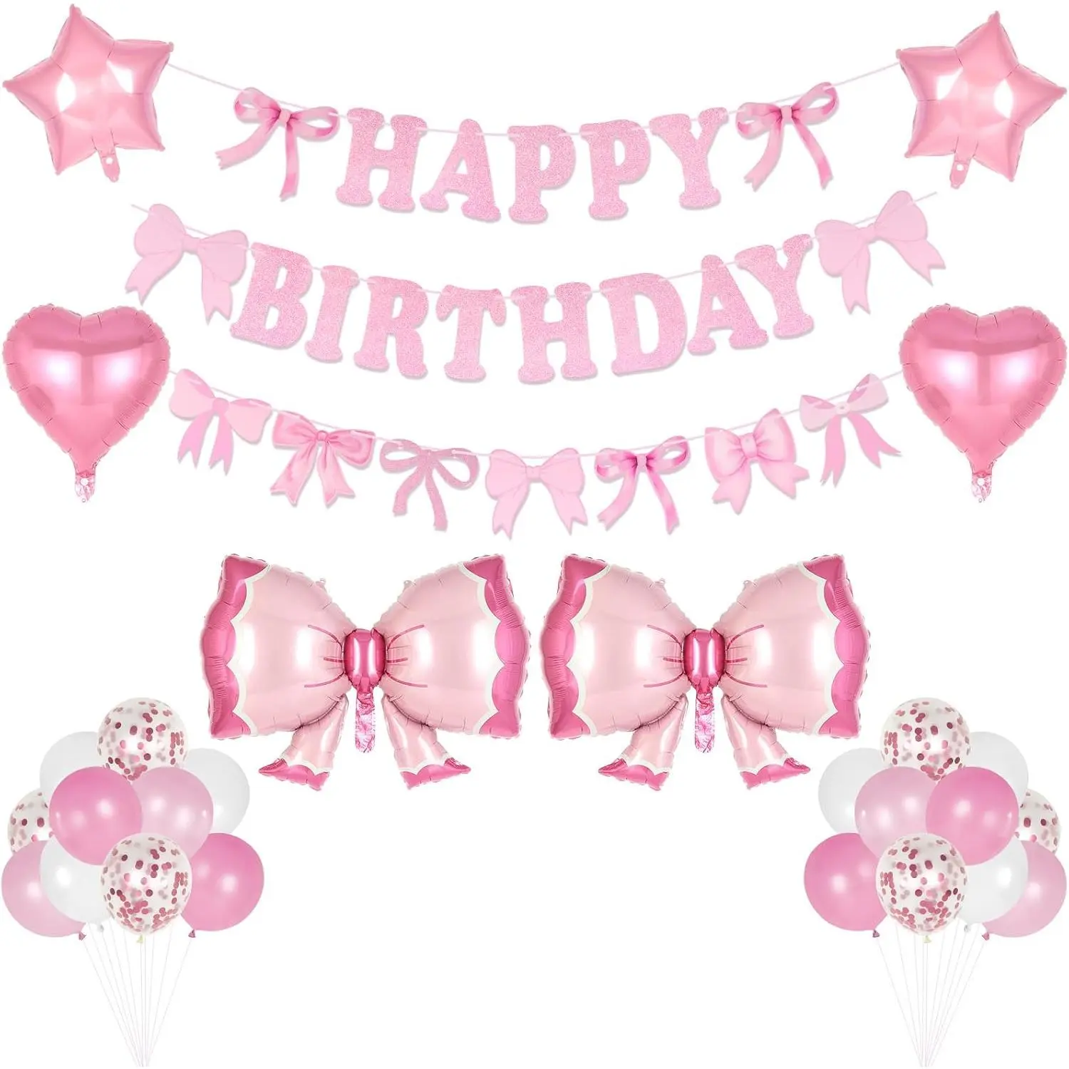 Bow Birthday Party Decorations, Bows Happy Birthday Banner with Latex Balloons,  Bow Garland Balloon for Women Girl  Birthdays Supplies