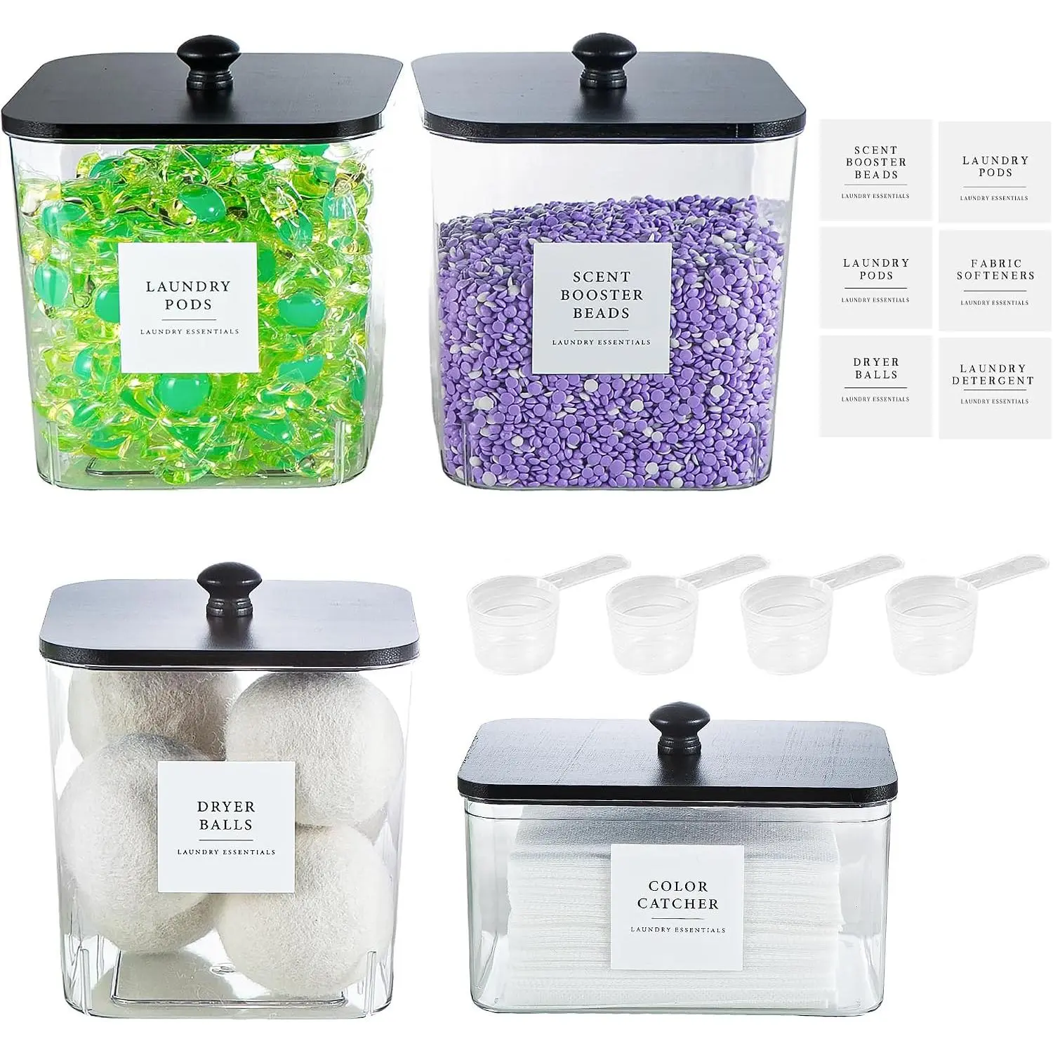 Laundry Room Organization Container, 4 count  Laundry Pod Storage Containers, Black Dryer Sheet Holder Jars with   and Labels for Scent Booster  Detergent Pods Storage