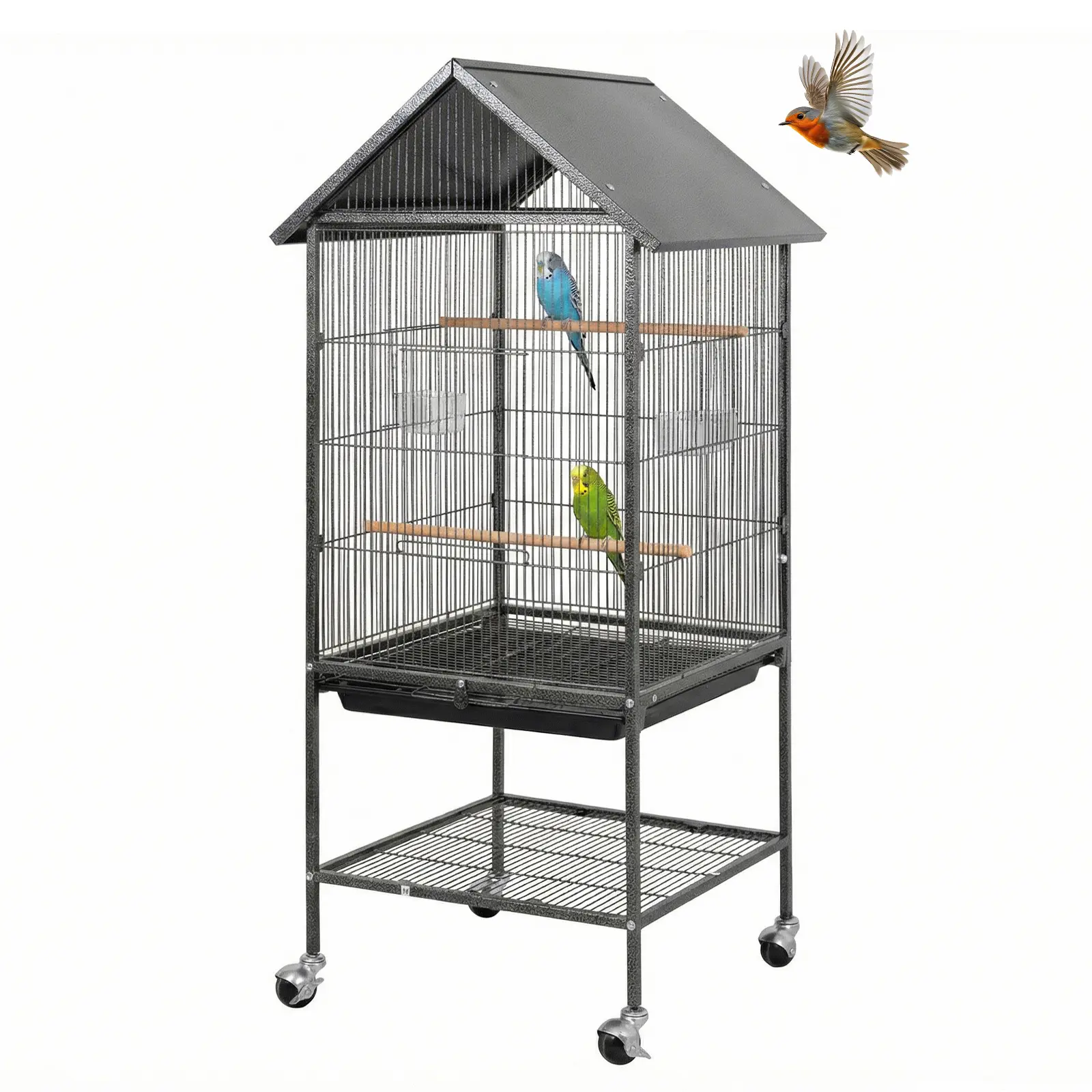 2-Tier Bird Cage with Breathable Mesh & 360° Casters – Heavy-Duty Metal Aviary for Parrots, Includes Stand, Perches & Feeders