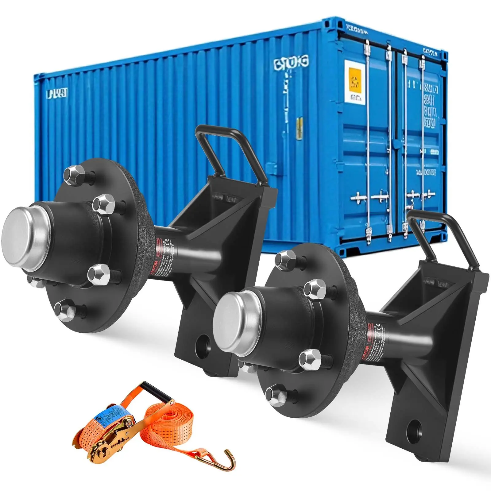 【Summerfinds】VEVOR Shipping Container Wheels 6-Lug Wheels Kit, Heavy Duty Shipping Container Axle with Ratchet Tie Down-Moves 20 ft - 40 ft, Secure Transport for Dock, Warehouse, Construction Site, Black