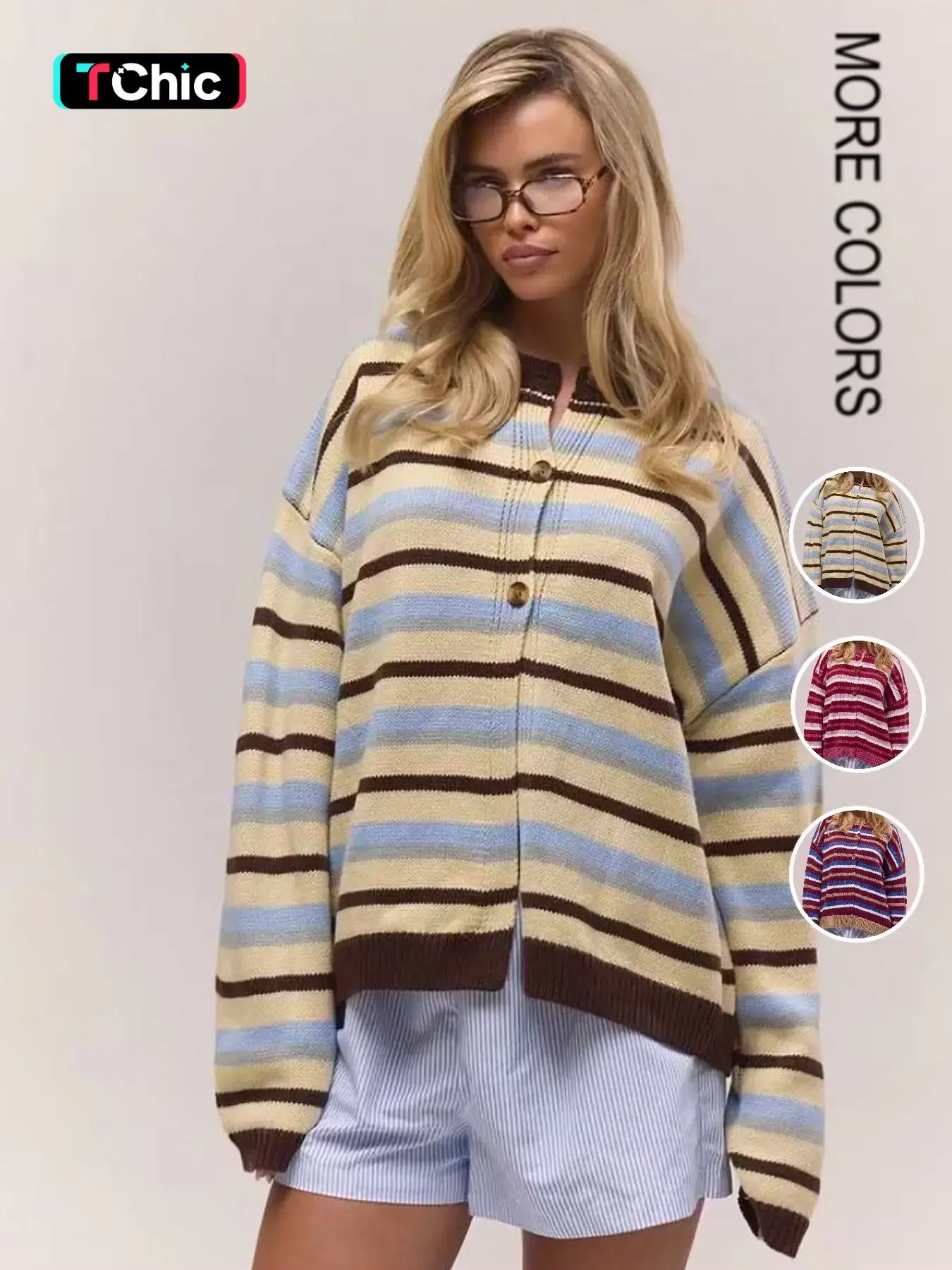 Women's Striped Vintage Colorblock Knit Cardigan, Fall Winter New Design, Unique Elegant Loose Fit Sweater, Casual Versatile Round Neck Top
