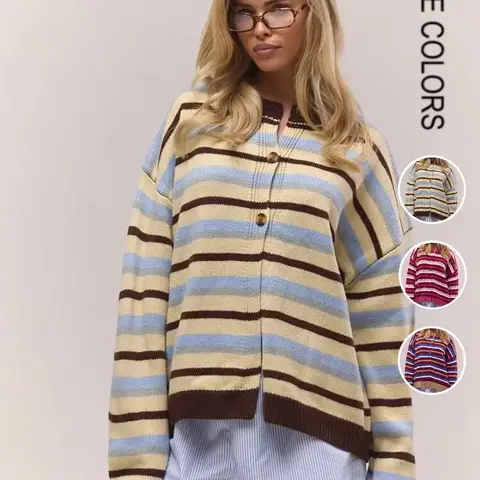 【Black Friday】Women's Vintage Multicolor Striped Knit Cardigan, Elegant Loose-Fit Button-Front Crew Neck Design for Fall & Winter, and Versatile Casual Wear
