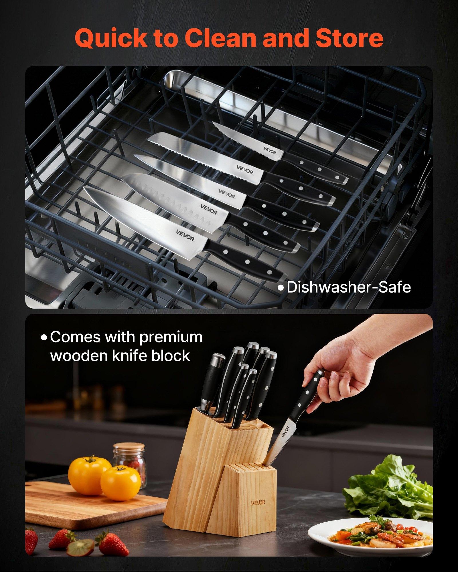 VEVOR 15-Pcs High Carbon Stainless Steel Knives Set with Premium Wooden Block, Sharpener, Steak Blade, Ergonomic Handle and Sharpening Rod for Home Cooks