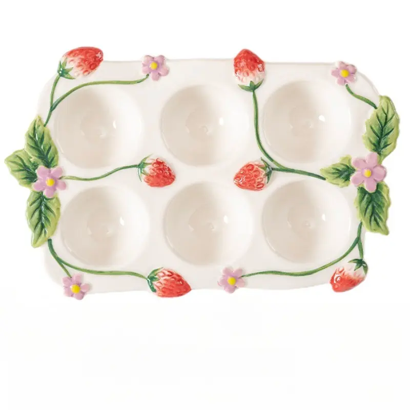 Strawberry Ceramic Egg Tray, Floral Design 6-Compartment Egg Holder, Underglaze Colorful Porcelain Egg Tray, Cute Kitchen Countertop Decor, Egg Organizer