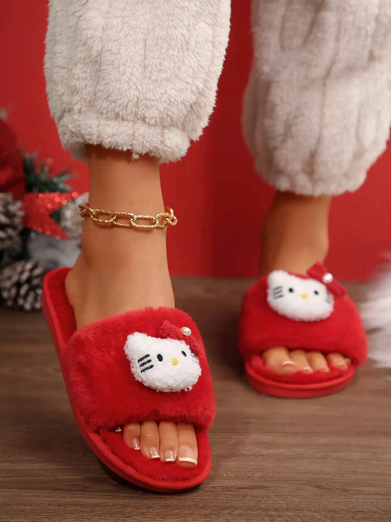 Cute Cartoon Plush Slip-On Shoes for Women, Adorable Bow Doll Cotton Slippers, Warm Fuzzy Footwear for Fall Winter Home Outdoor Use, for Christmas, Xmas