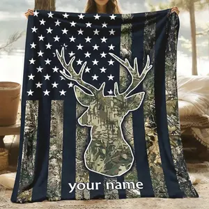 Custom Name Camo Deer American Flag Throw Blanket, Hunting Distressed Flannel Blanket, Soft Cozy Warm Throw, Personalized Your Name Design, Gift for Him Dad Outdoorsman, Birthday Man Cave Couch Bedroom Decor holiday